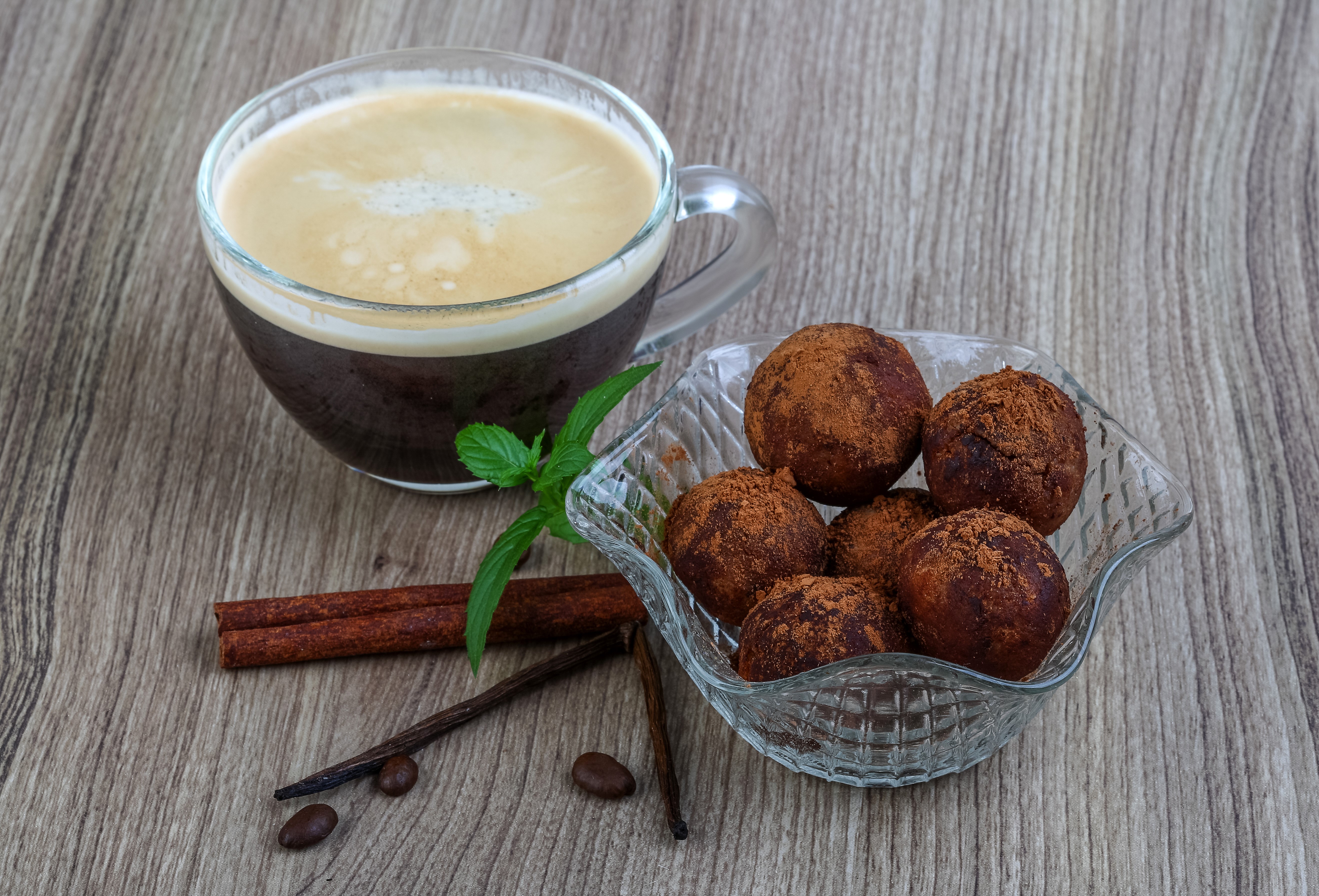 Coffee with chocolate truffles and cinnamon HD Wallpaper