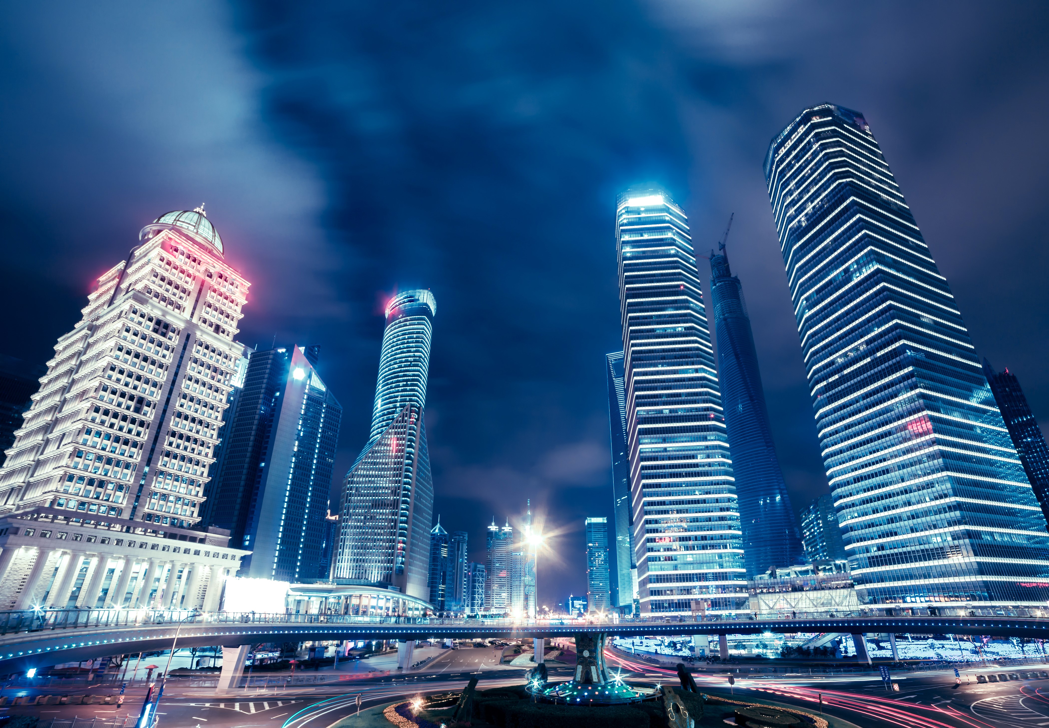 Skyscrapers and roads in Shanghai at night HD Wallpaper