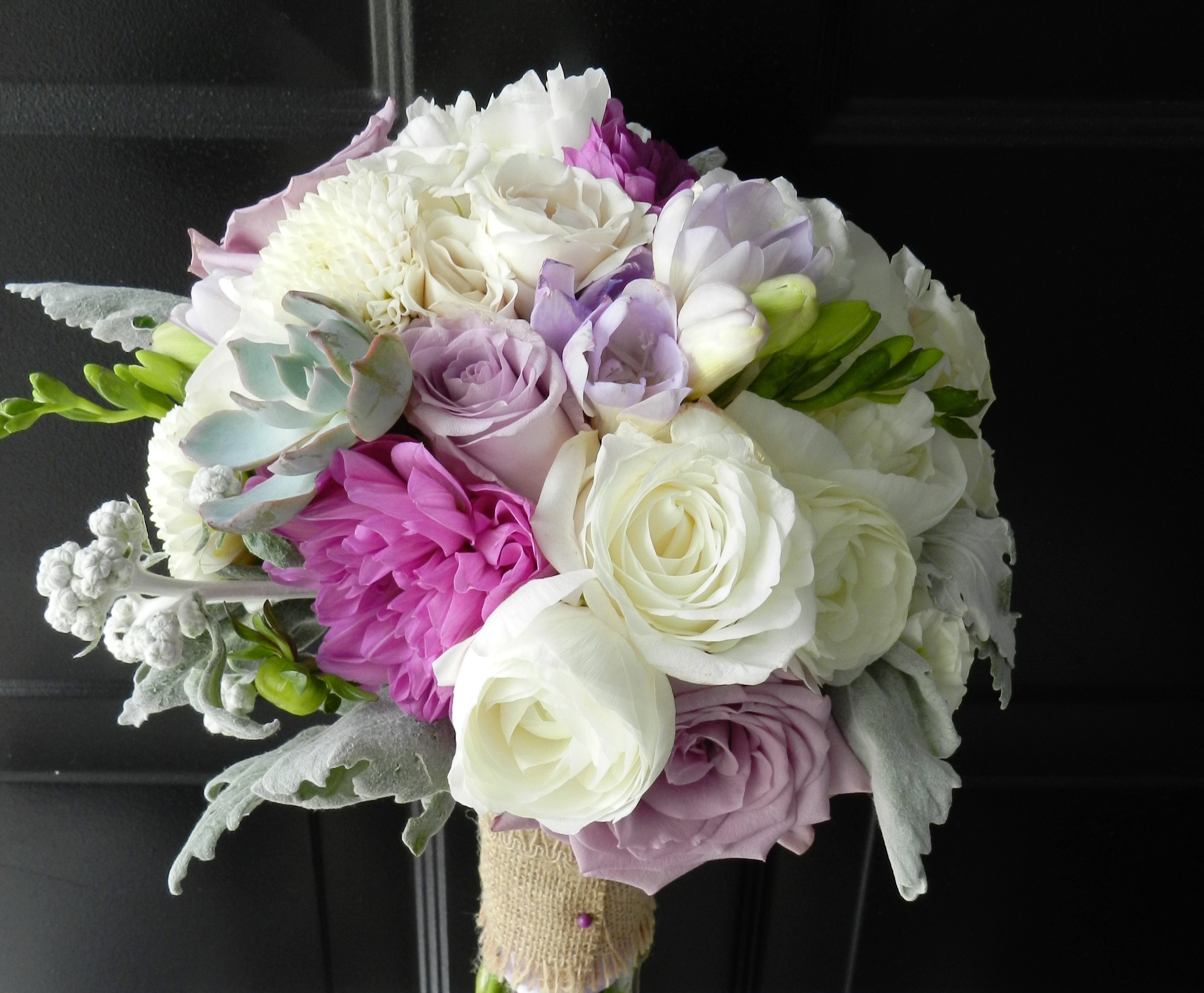 Wedding bouquet with roses, dahlias, succulents, and freesia HD Wallpaper