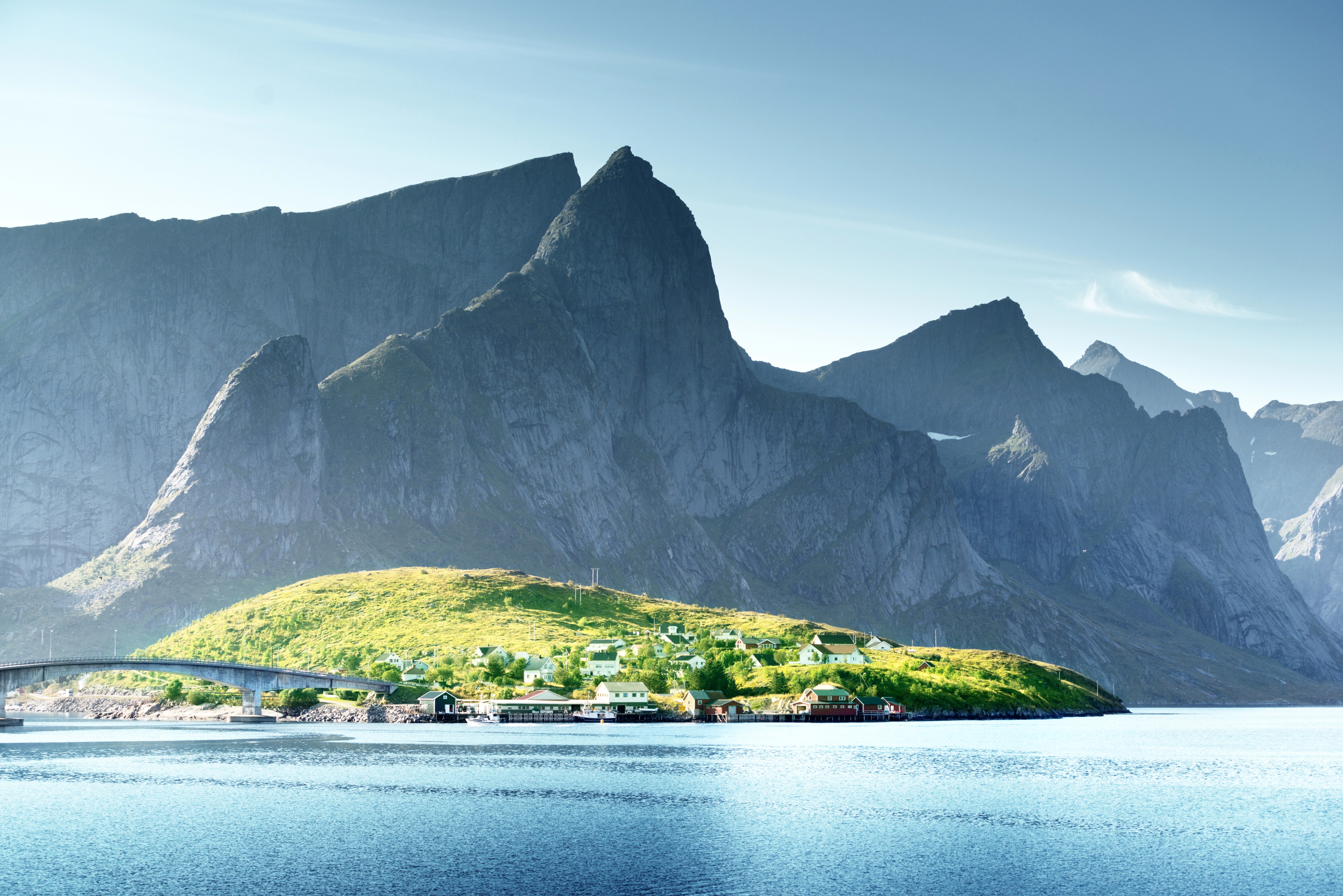 Norway Lofoten Mountains and Village with Bridge HD Wallpaper