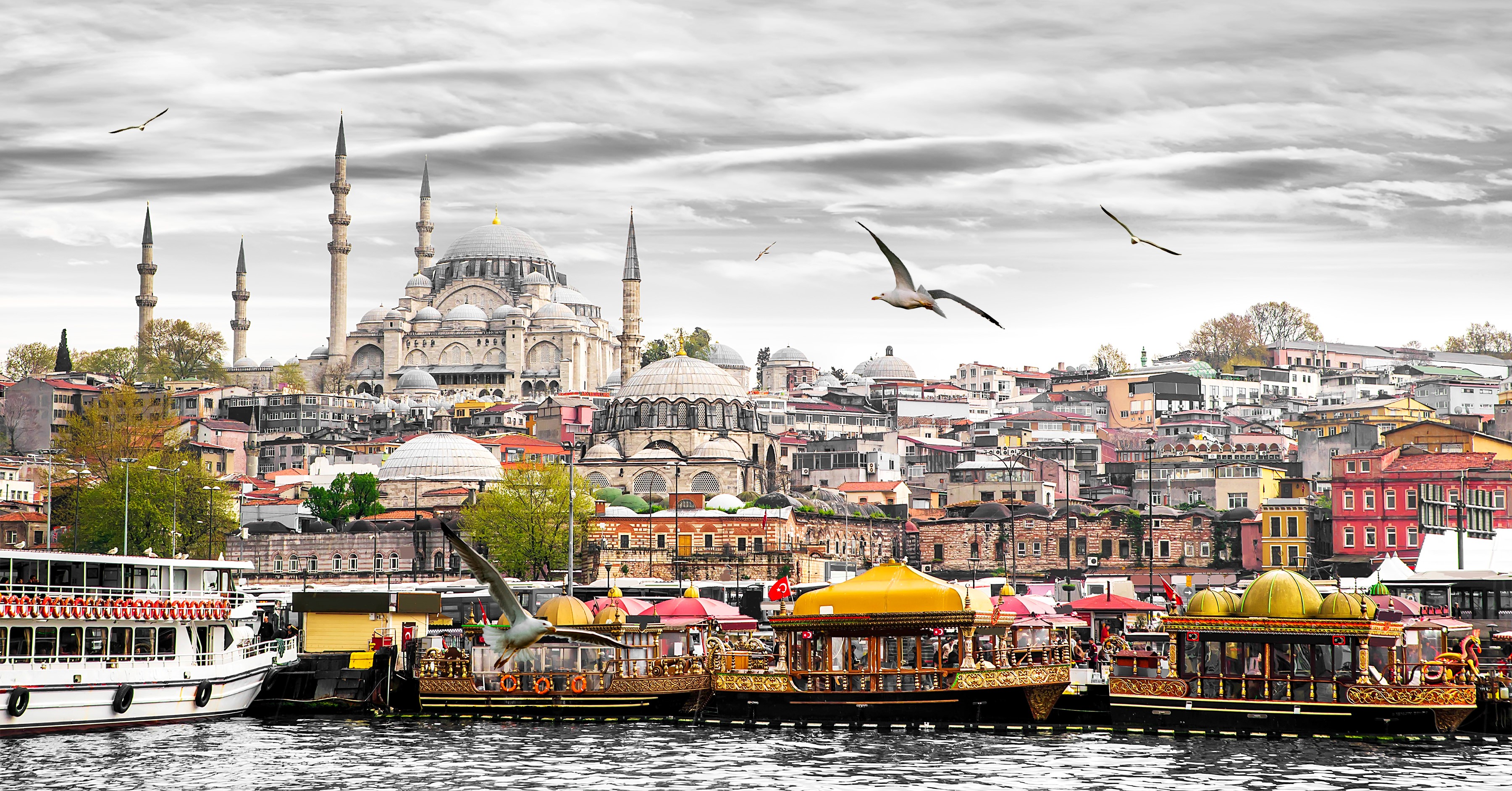 Istanbul cityscape with mosque, boats, and seagulls HD Wallpaper