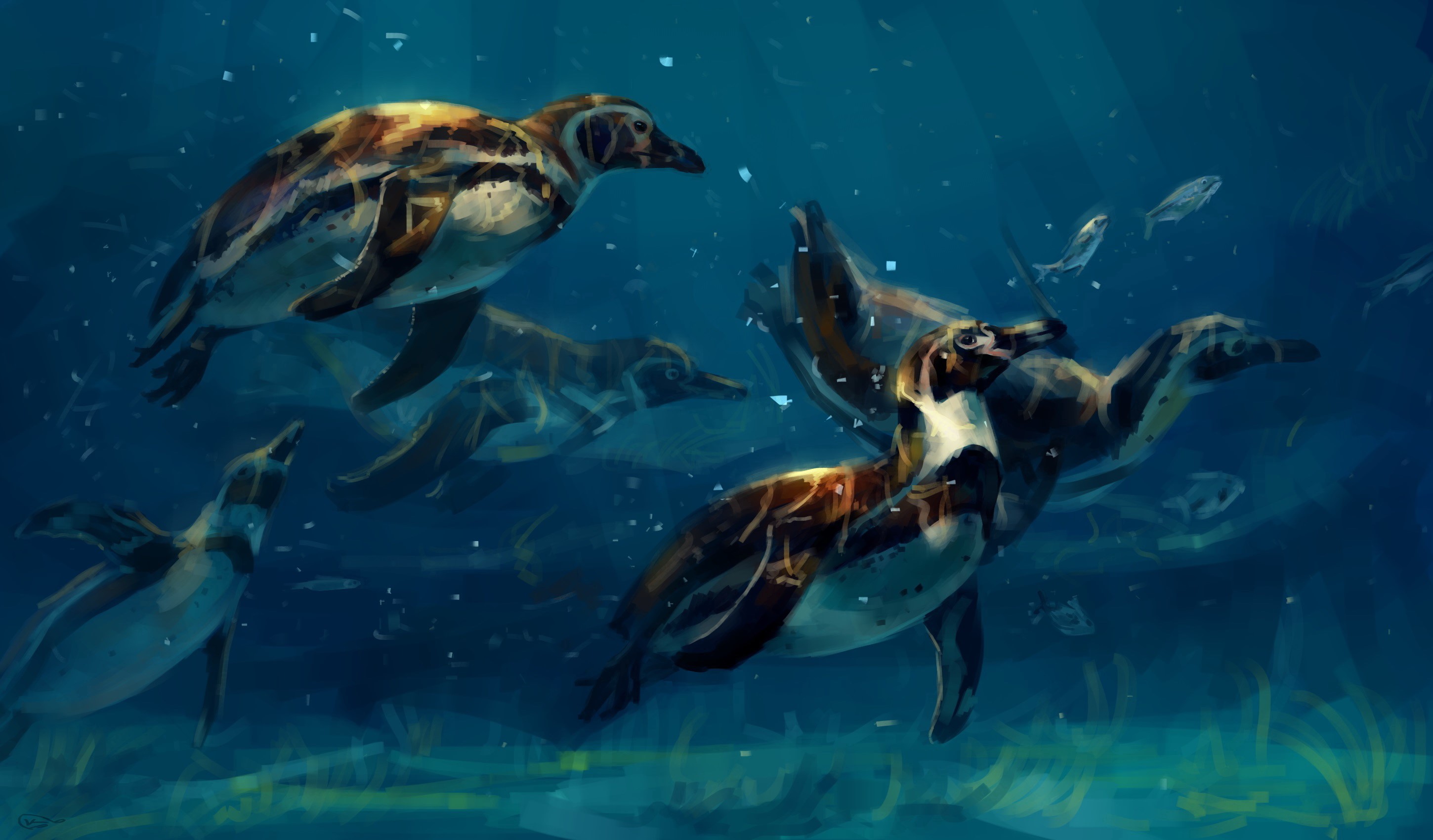 Penguins swimming underwater in a painting HD Wallpaper