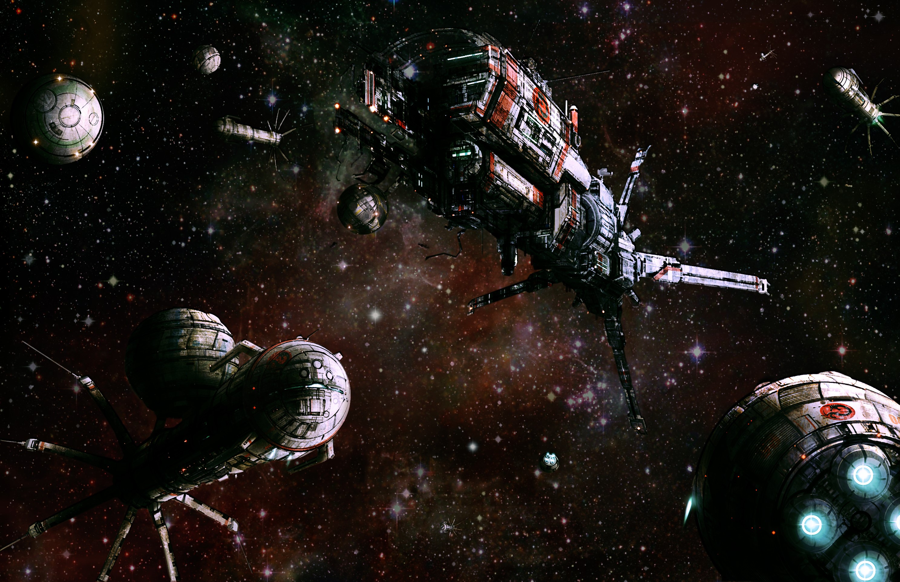 Spaceships and orbital stations in deep space HD Wallpaper