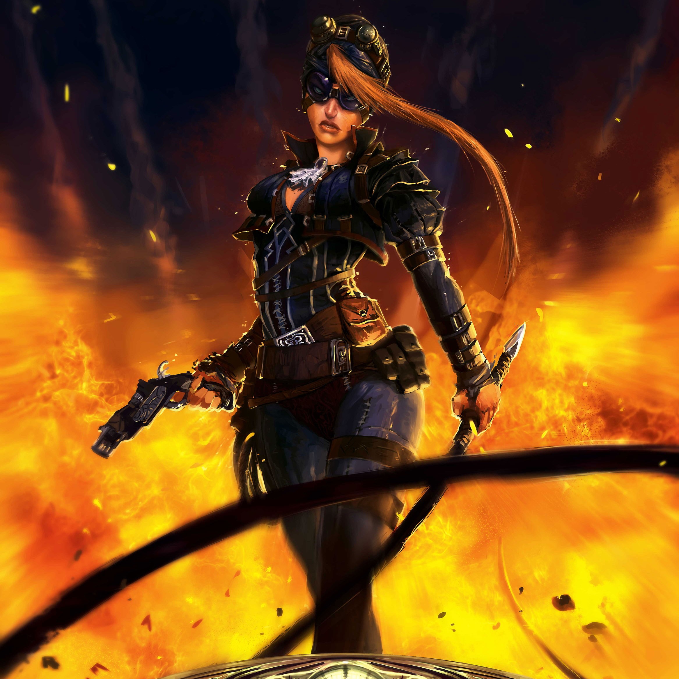 Steampunk woman with pistols and sabre in fire HD Wallpaper