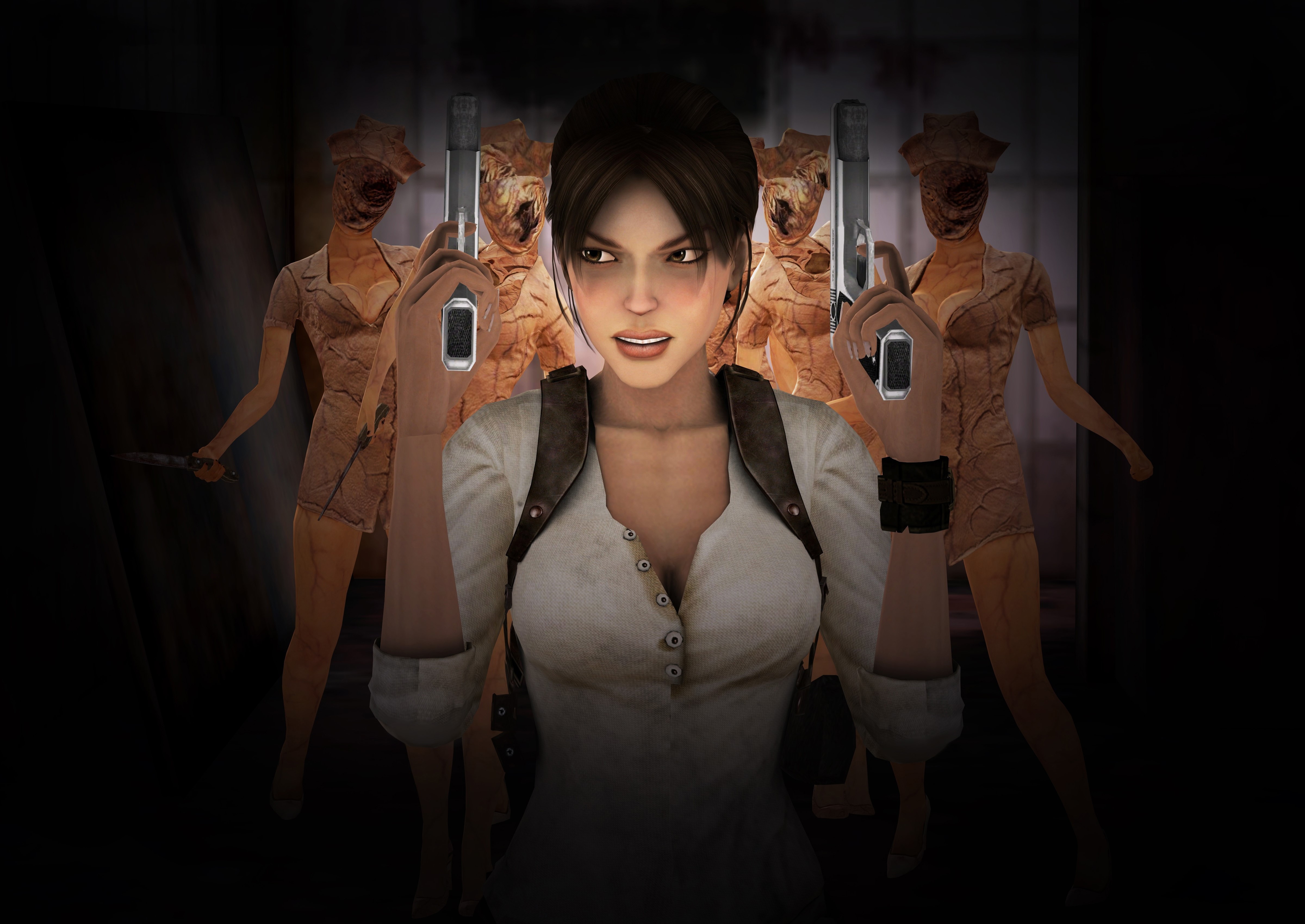 Lara Croft from Tomb Raider with Pistols and Nurses HD Wallpaper