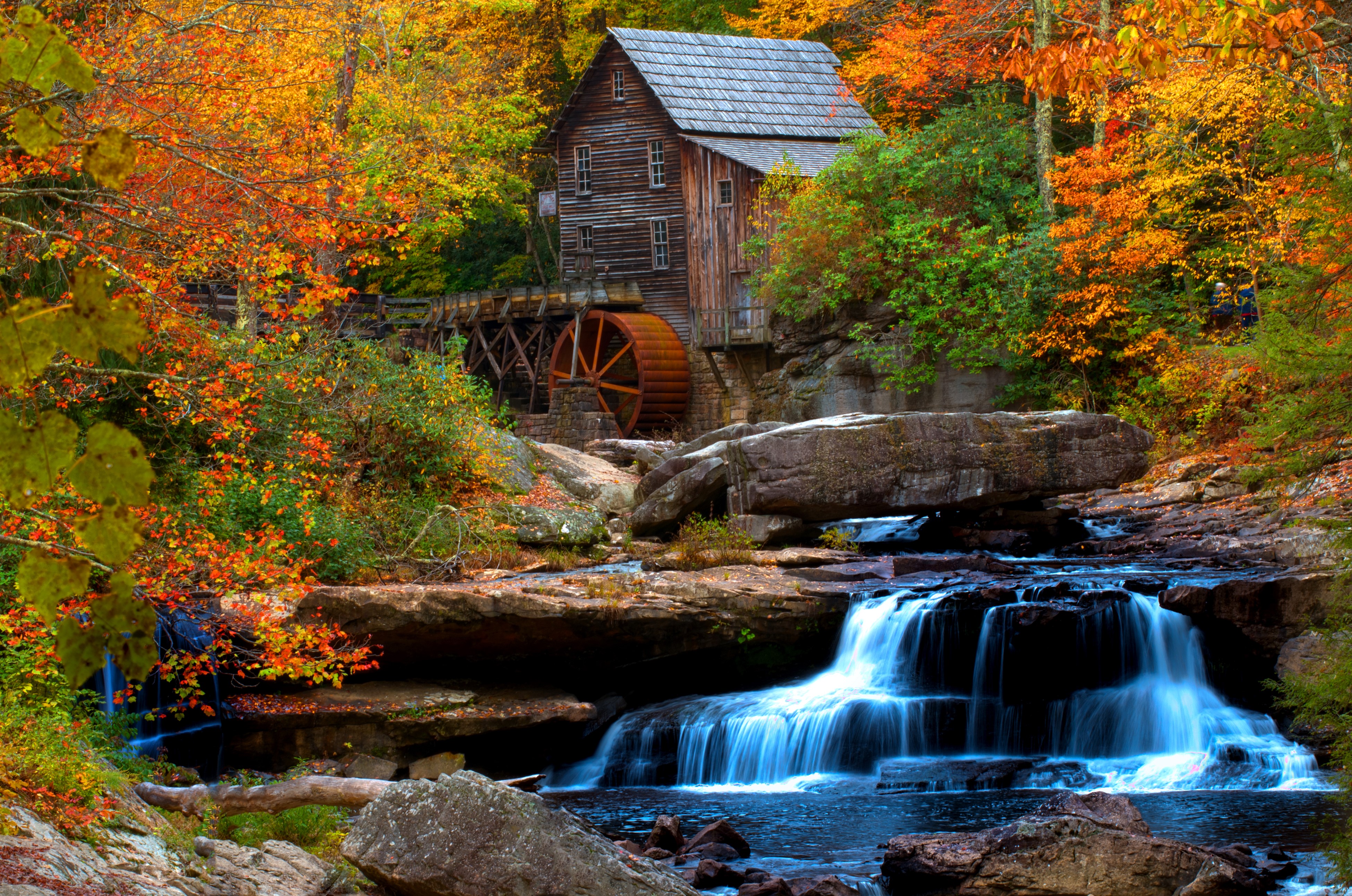 Watermill and Waterfall in Autumn at Babcock State Park HD Wallpaper