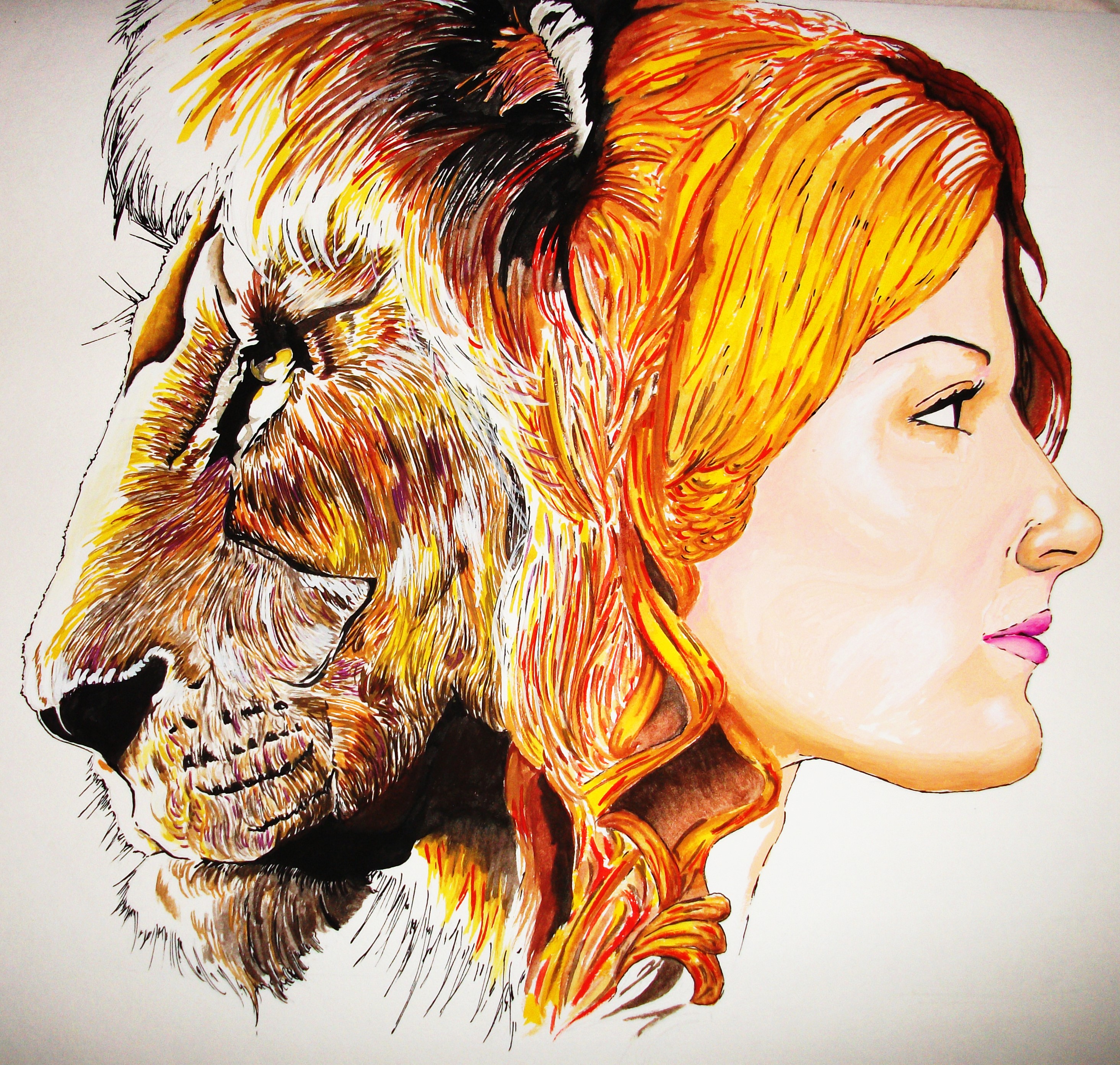 Lion and Redhead Girl Profile HD Wallpaper