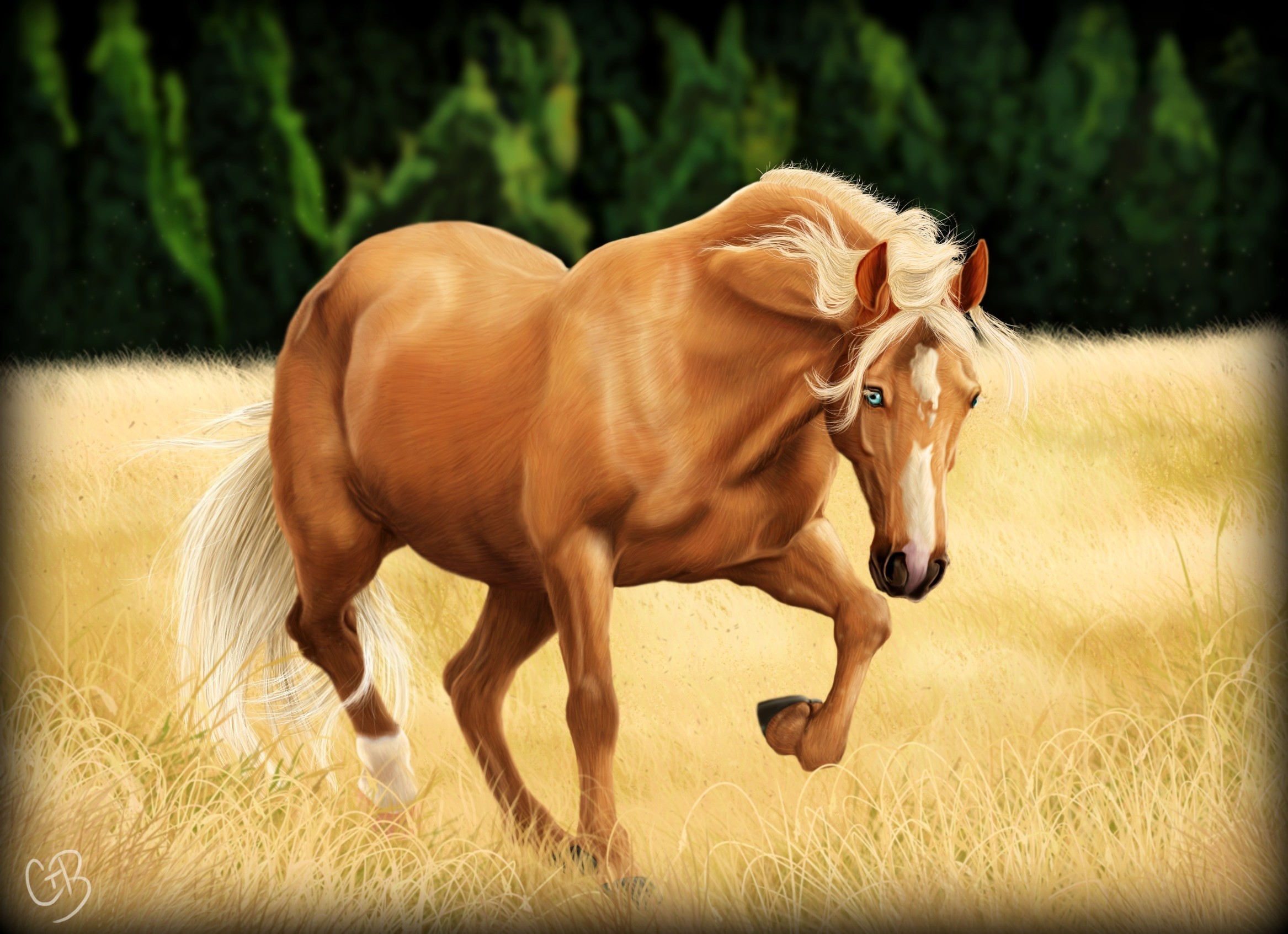 Painting of a palomino horse in a field HD Wallpaper