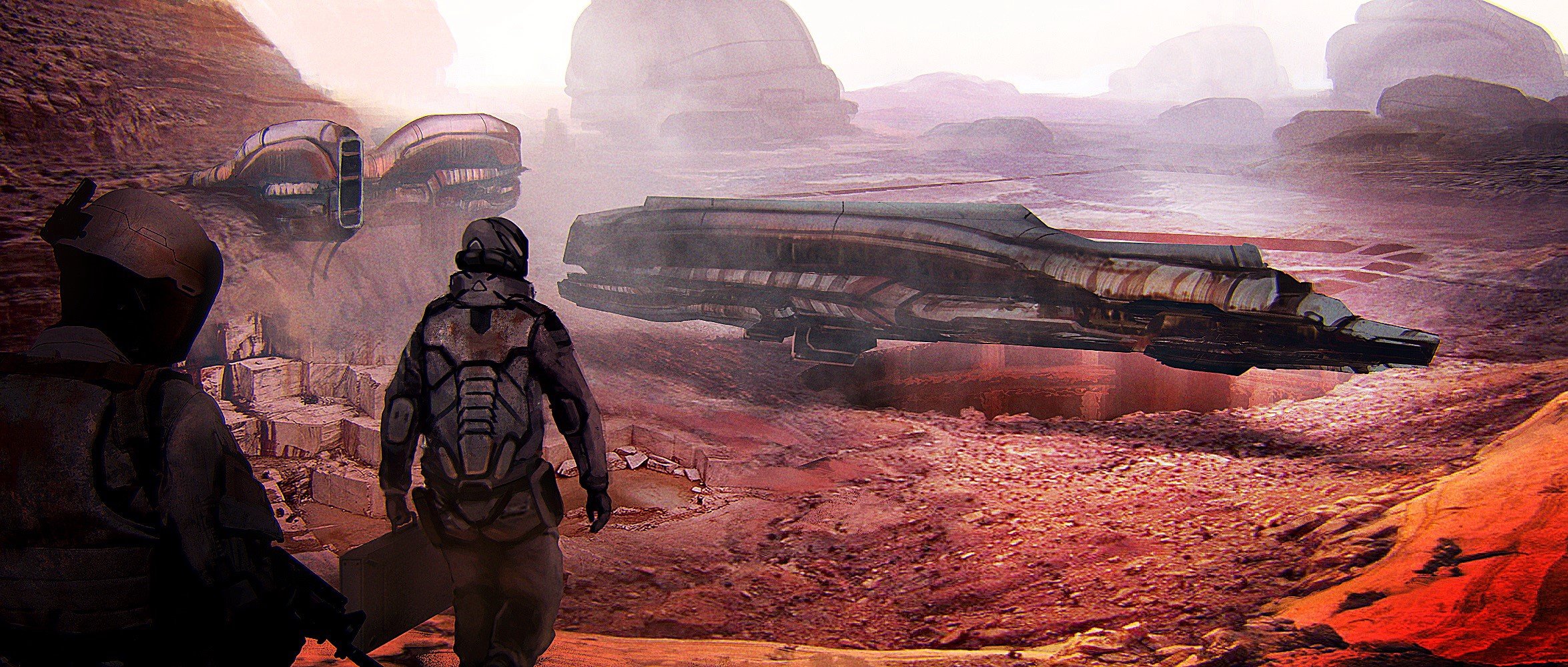Two soldiers observe crashed spaceships on a desolate planet HD Wallpaper