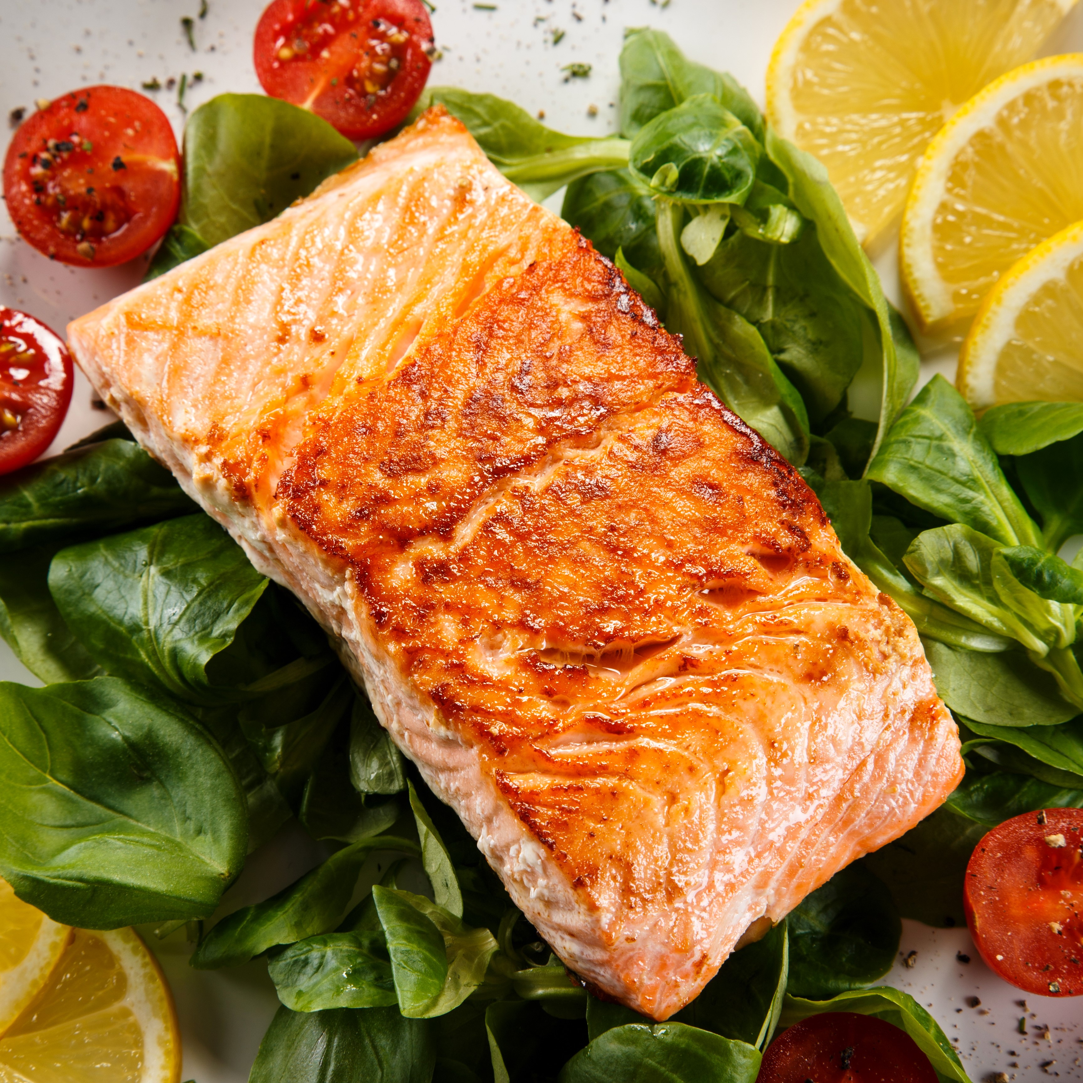 Salmon fillet with cherry tomatoes and lemon slices HD Wallpaper