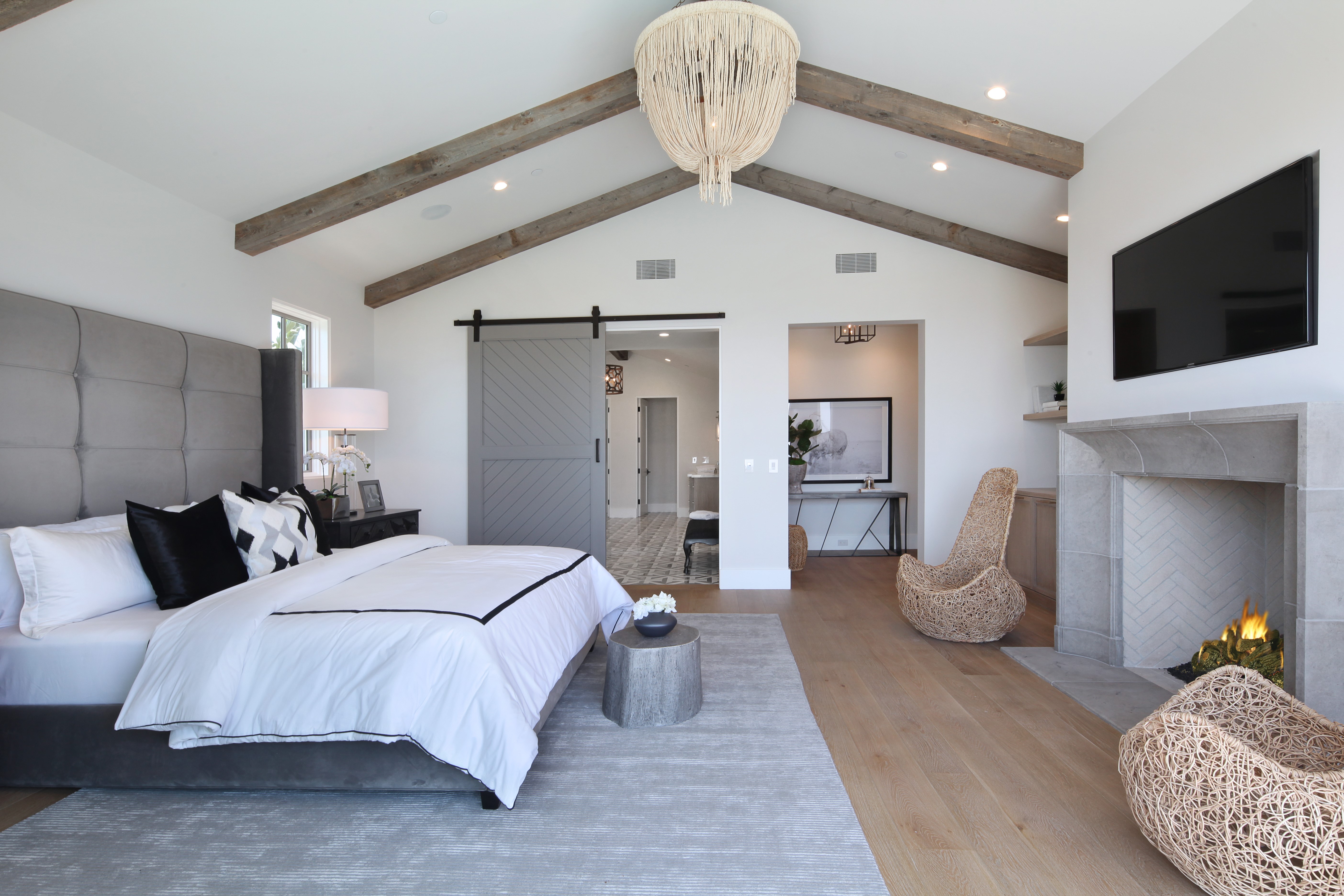 Bedroom with Chandelier and Fireplace HD Wallpaper