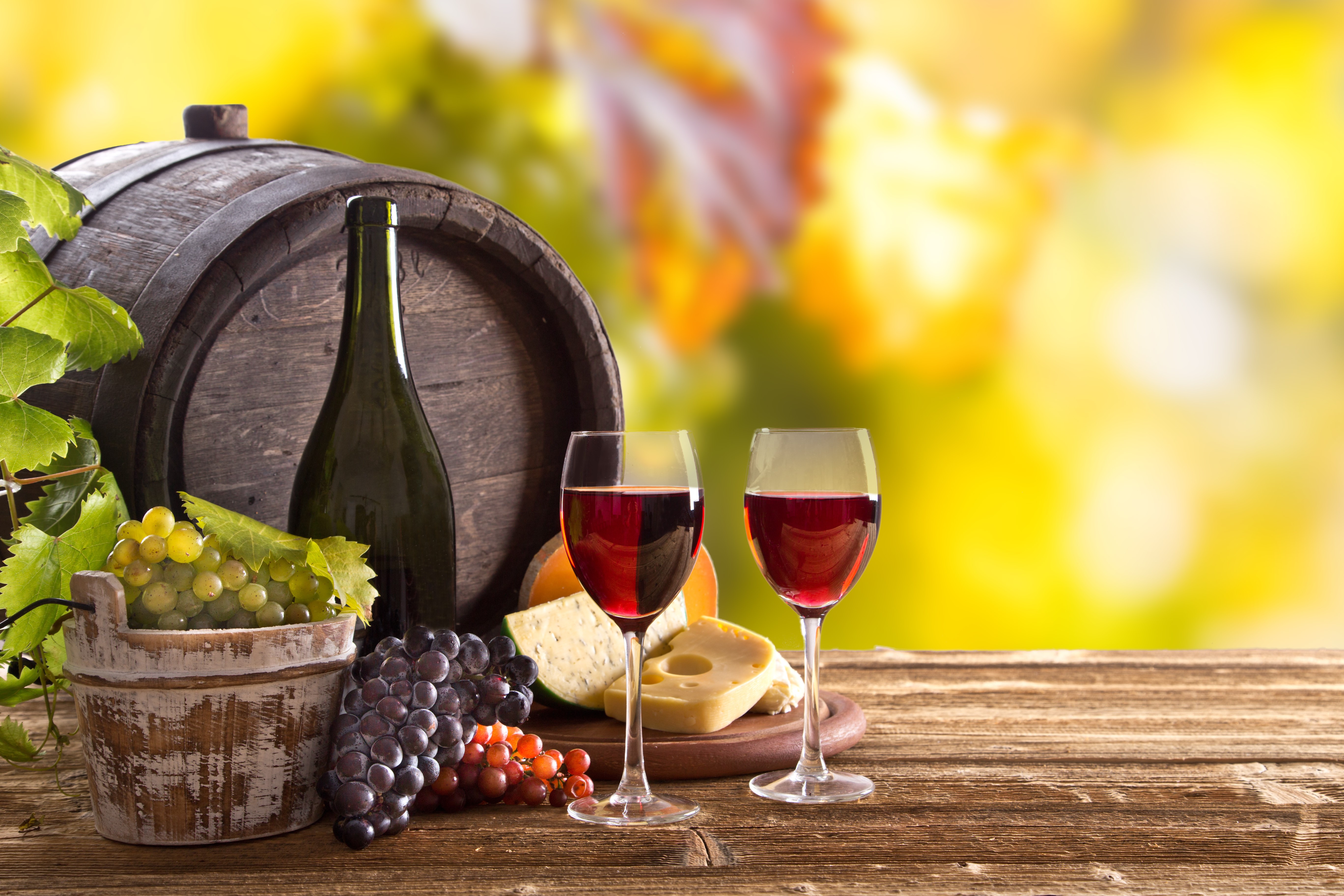 Wine Barrel with Grapes and Cheese HD Wallpaper