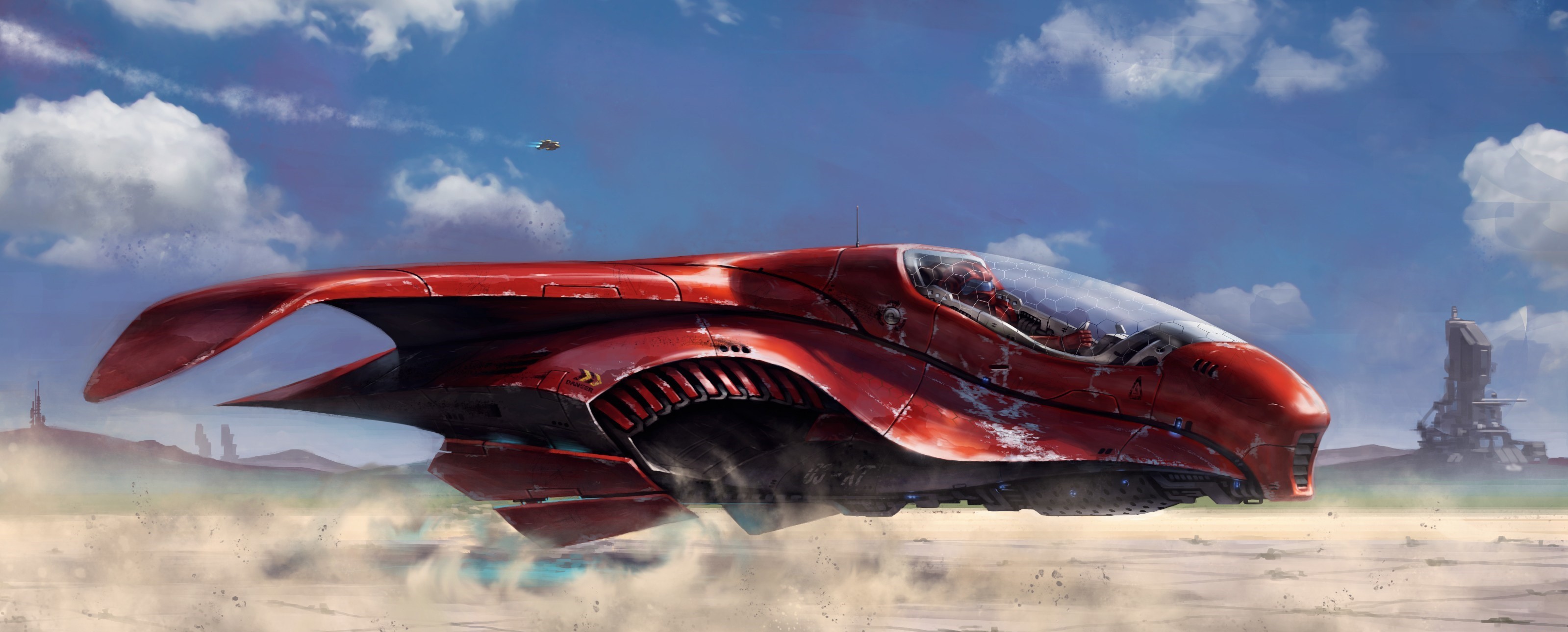 Red futuristic vehicle flying over a desert landscape HD Wallpaper