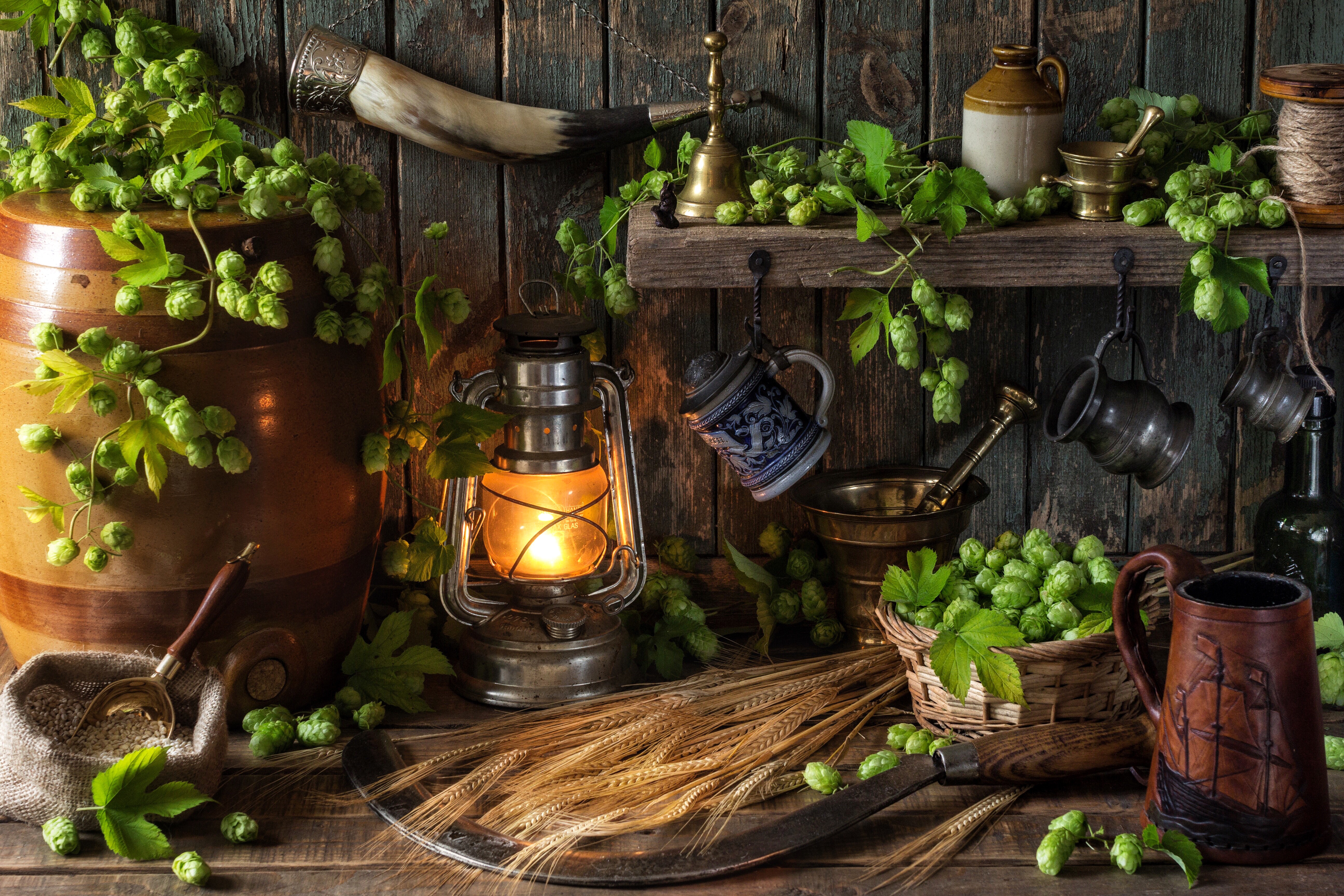 Still-life with hops, beer mug, and kerosene lamp HD Wallpaper