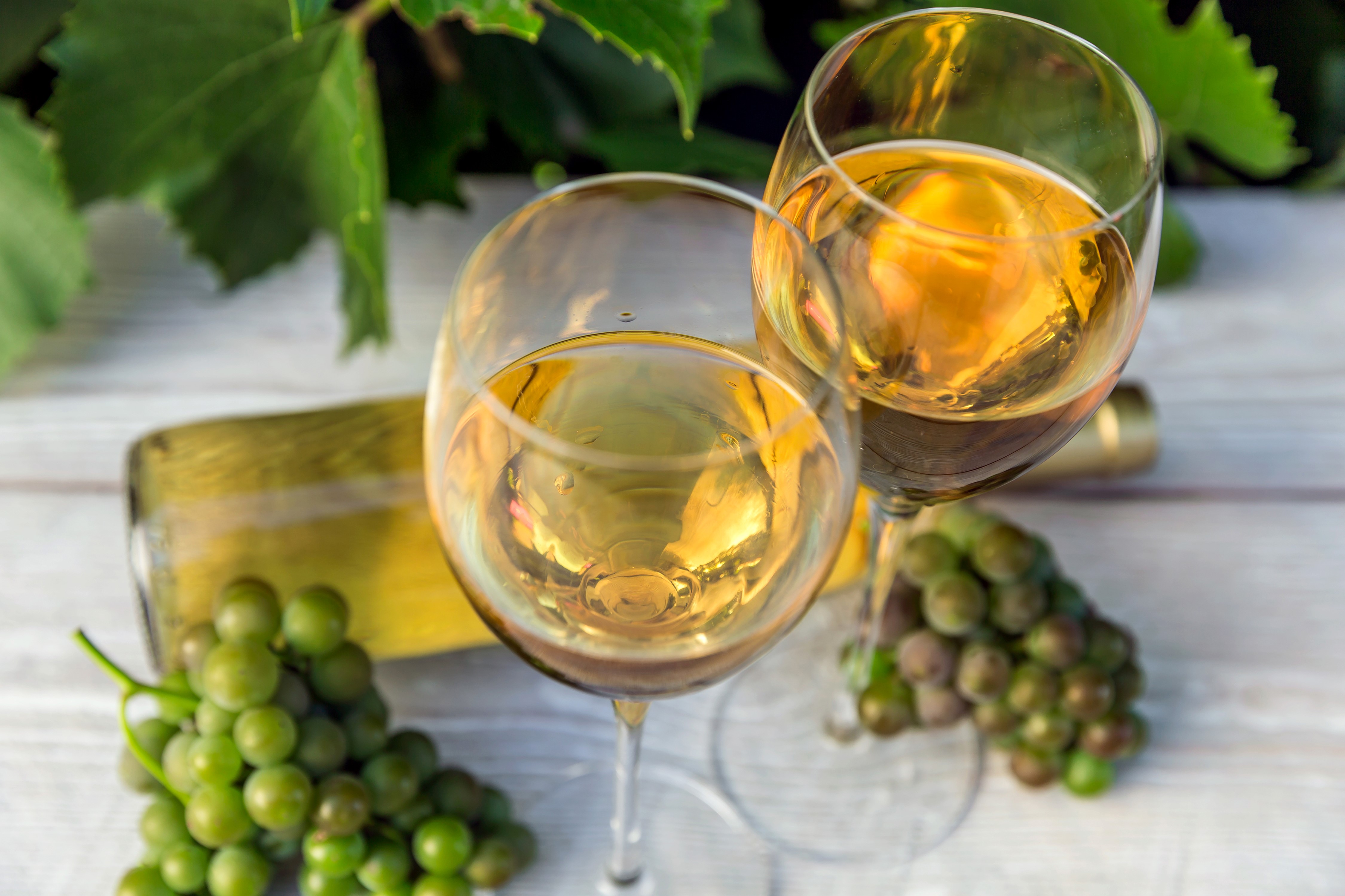 Two glasses of white wine with grapes and bottle HD Wallpaper