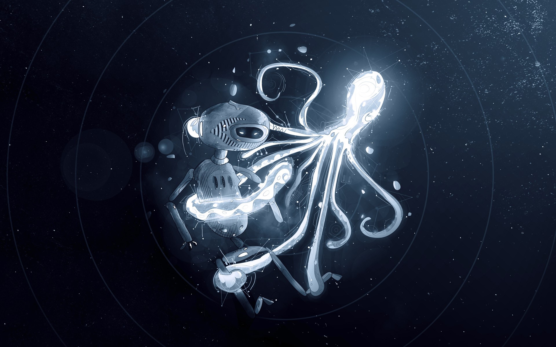 Robot and glowing octopus in space HD Wallpaper