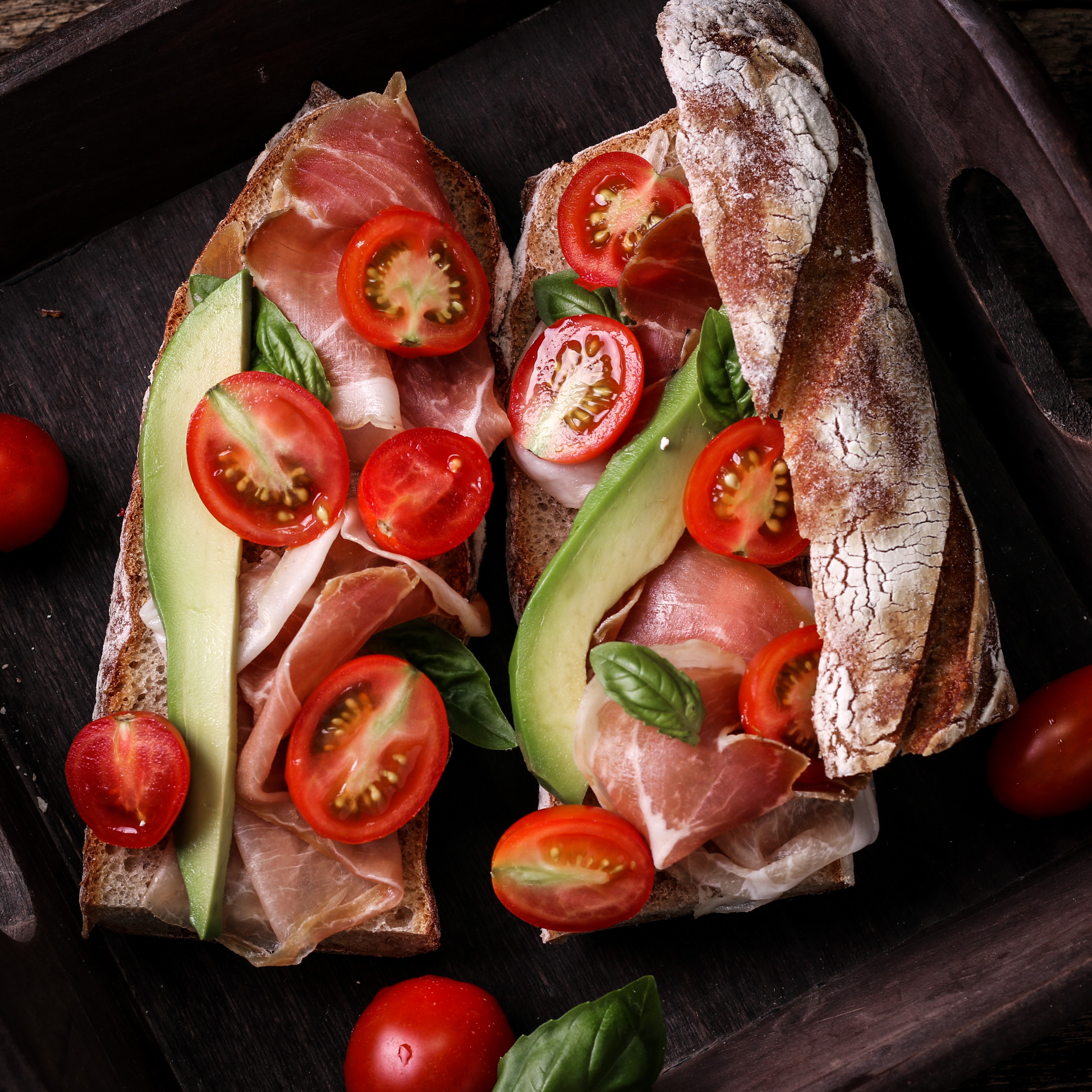 Two open-faced sandwiches with ham, avocado, and tomatoes HD Wallpaper