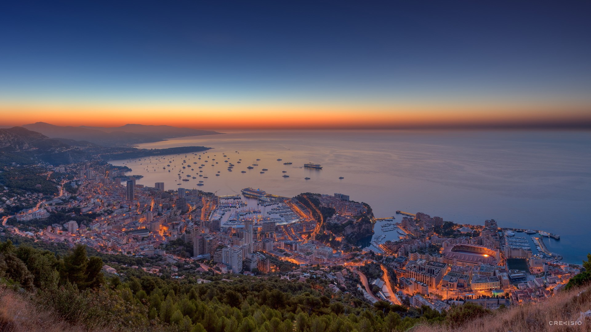 Panoramic view of Monaco coastline at sunset HD Wallpaper
