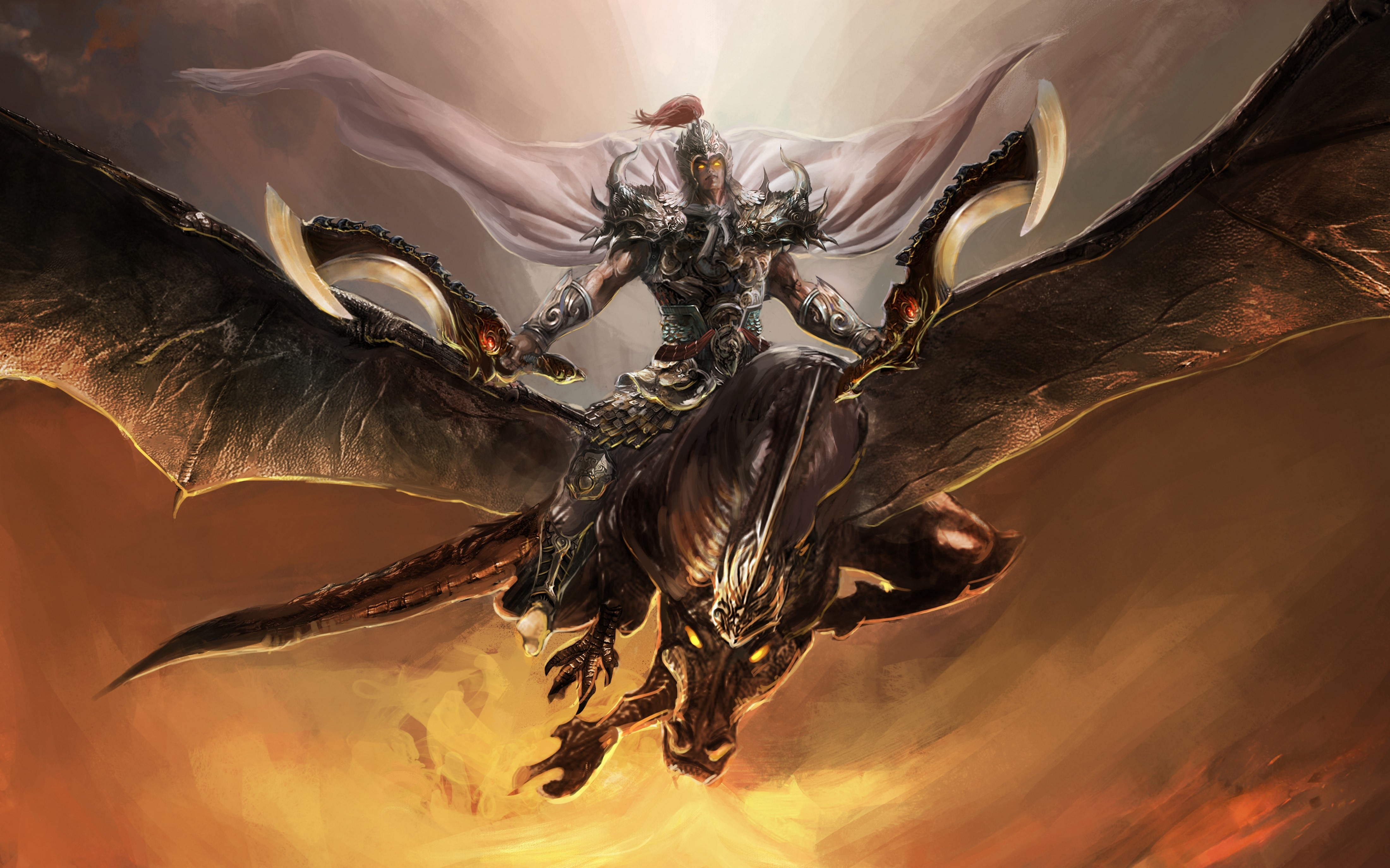 Warrior riding a dragon with large wings HD Wallpaper
