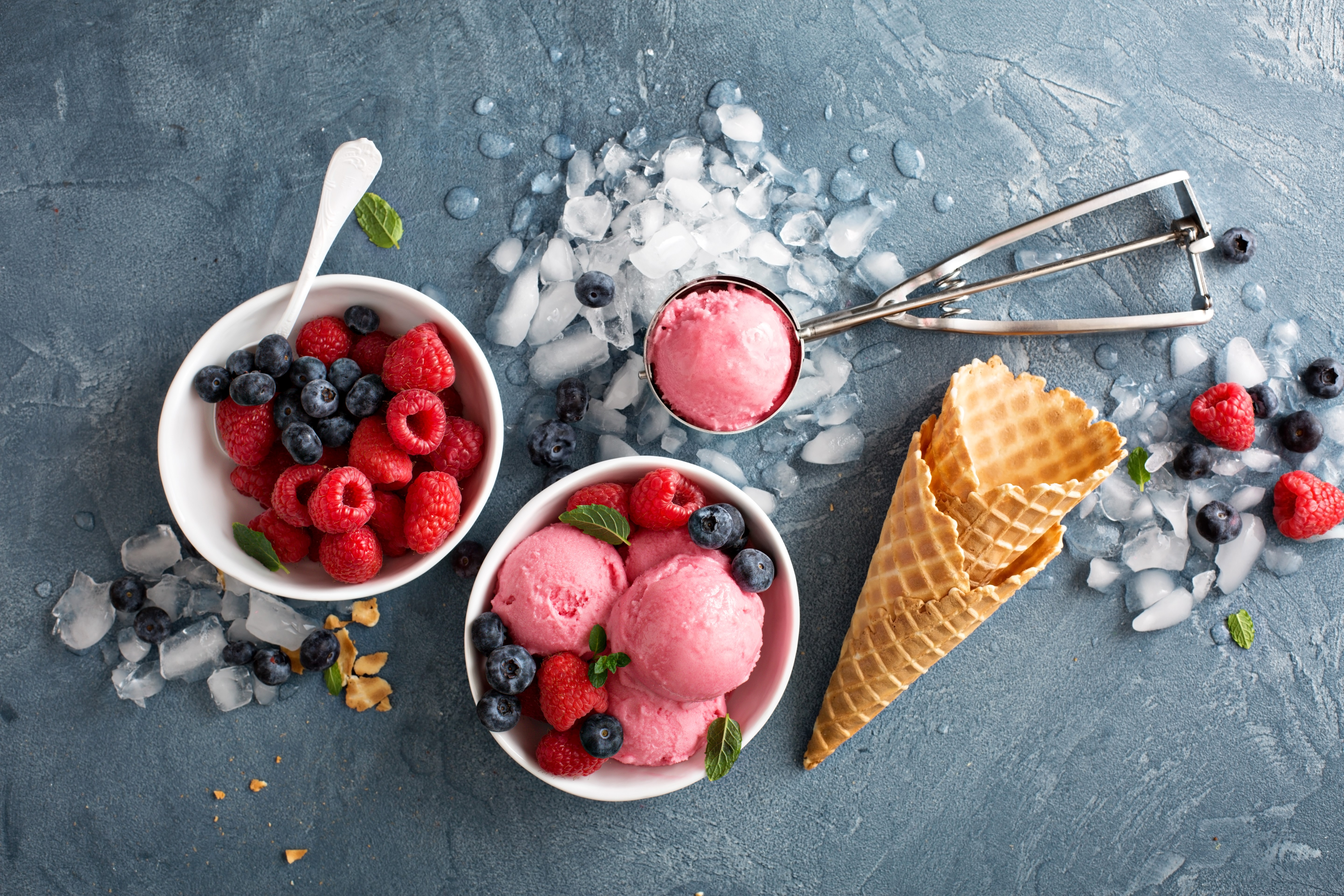 Raspberry and Blueberry Ice Cream with Berries and Waffle Cones HD Wallpaper