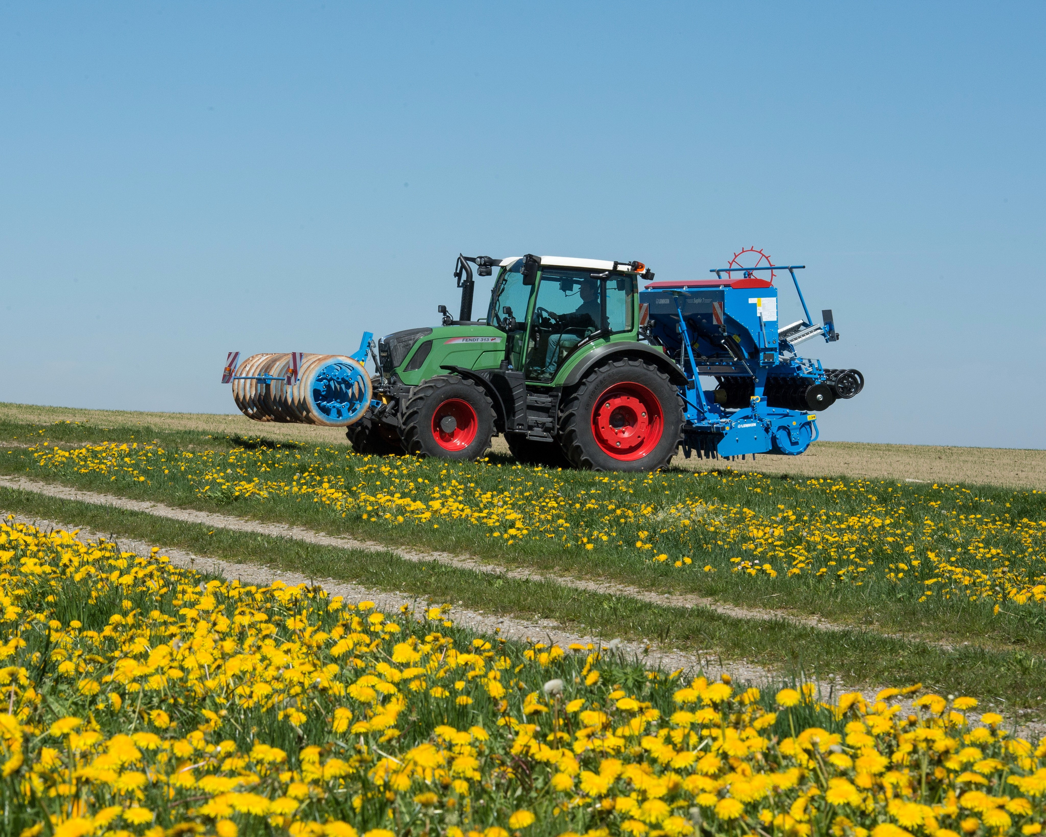 Fendt 313 Vario Tractor with Seeder and Roller in Field HD Wallpaper