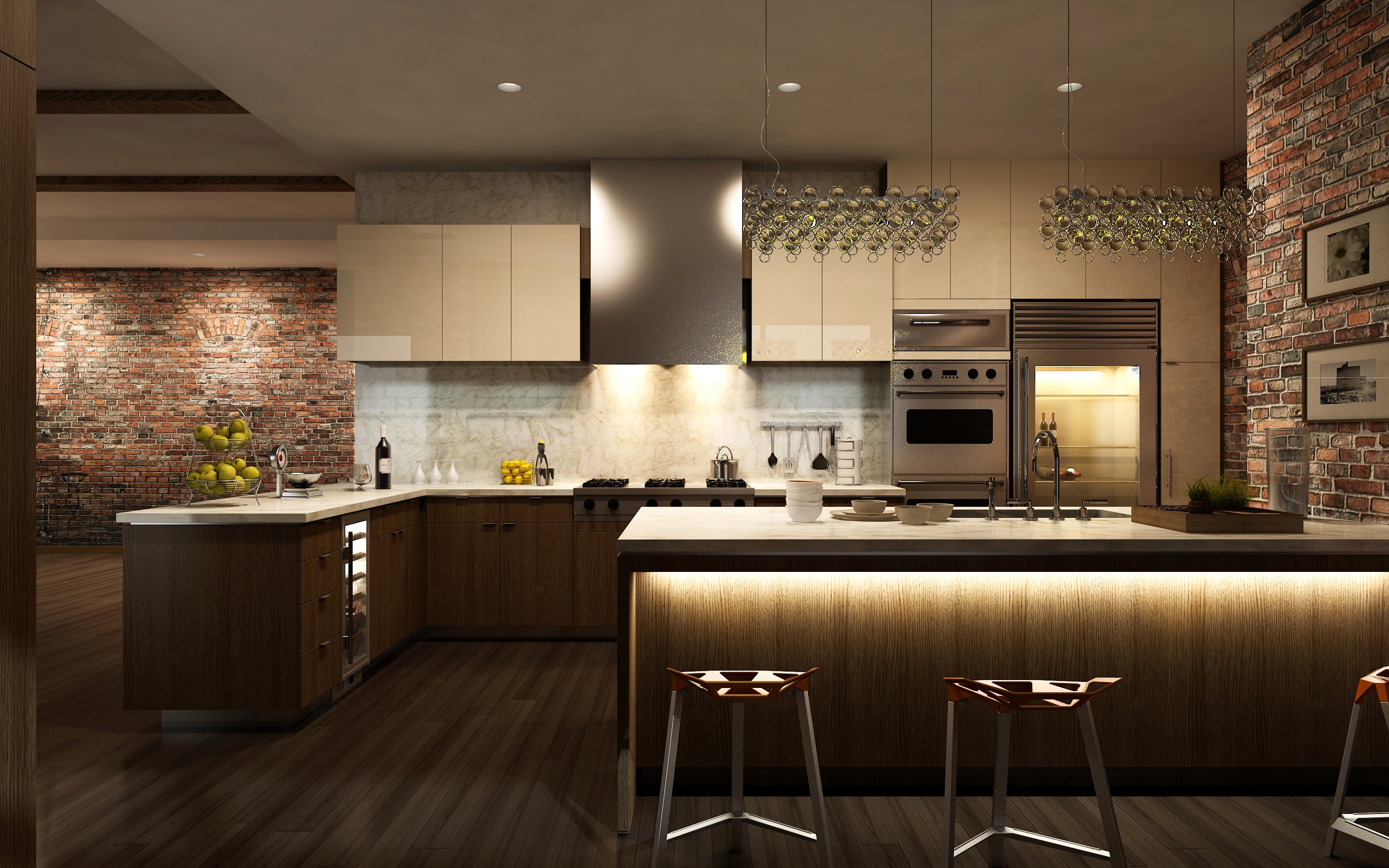 Modern kitchen with brick walls and island HD Wallpaper