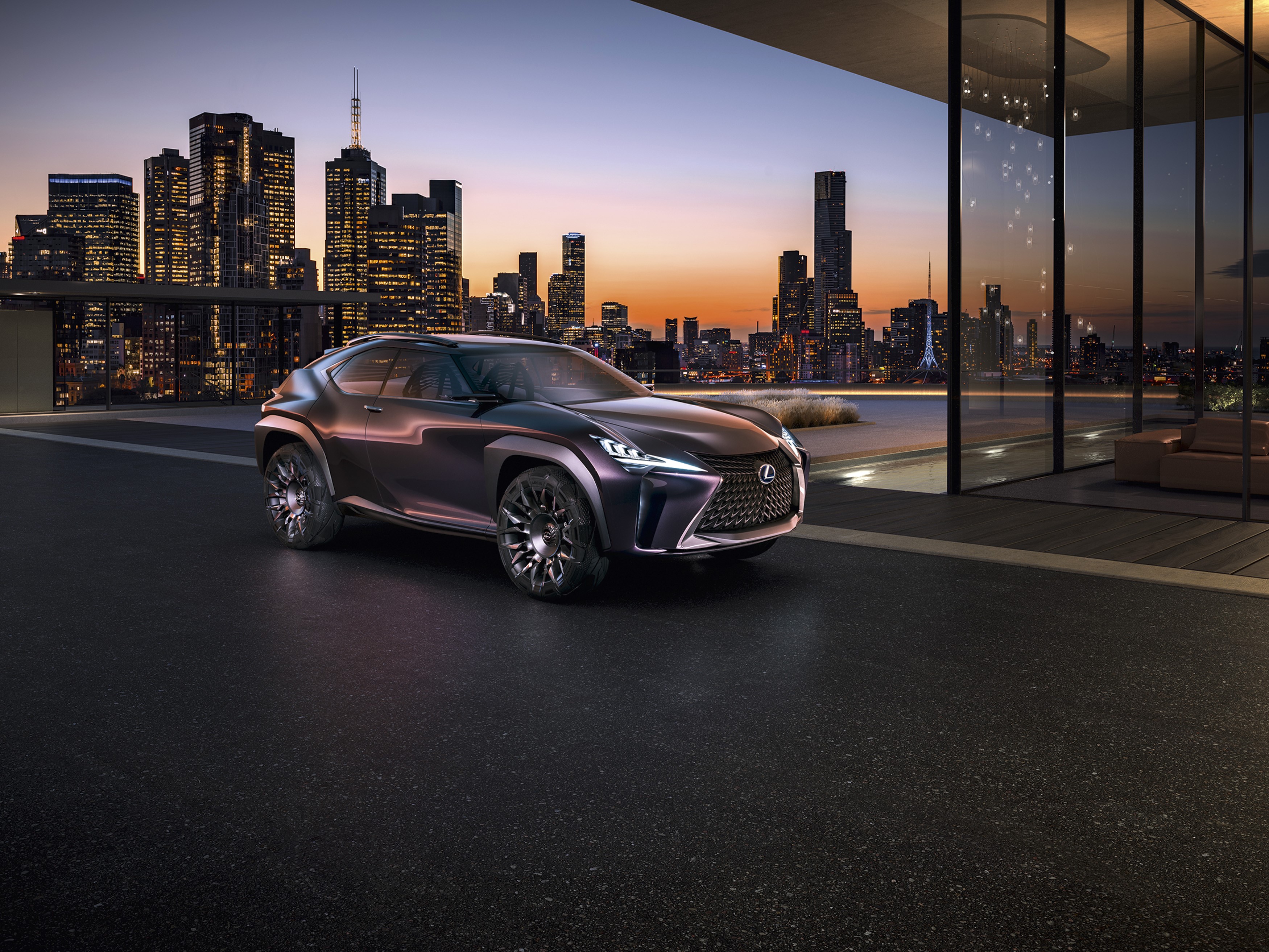 Lexus UX concept car in a city at dusk HD Wallpaper