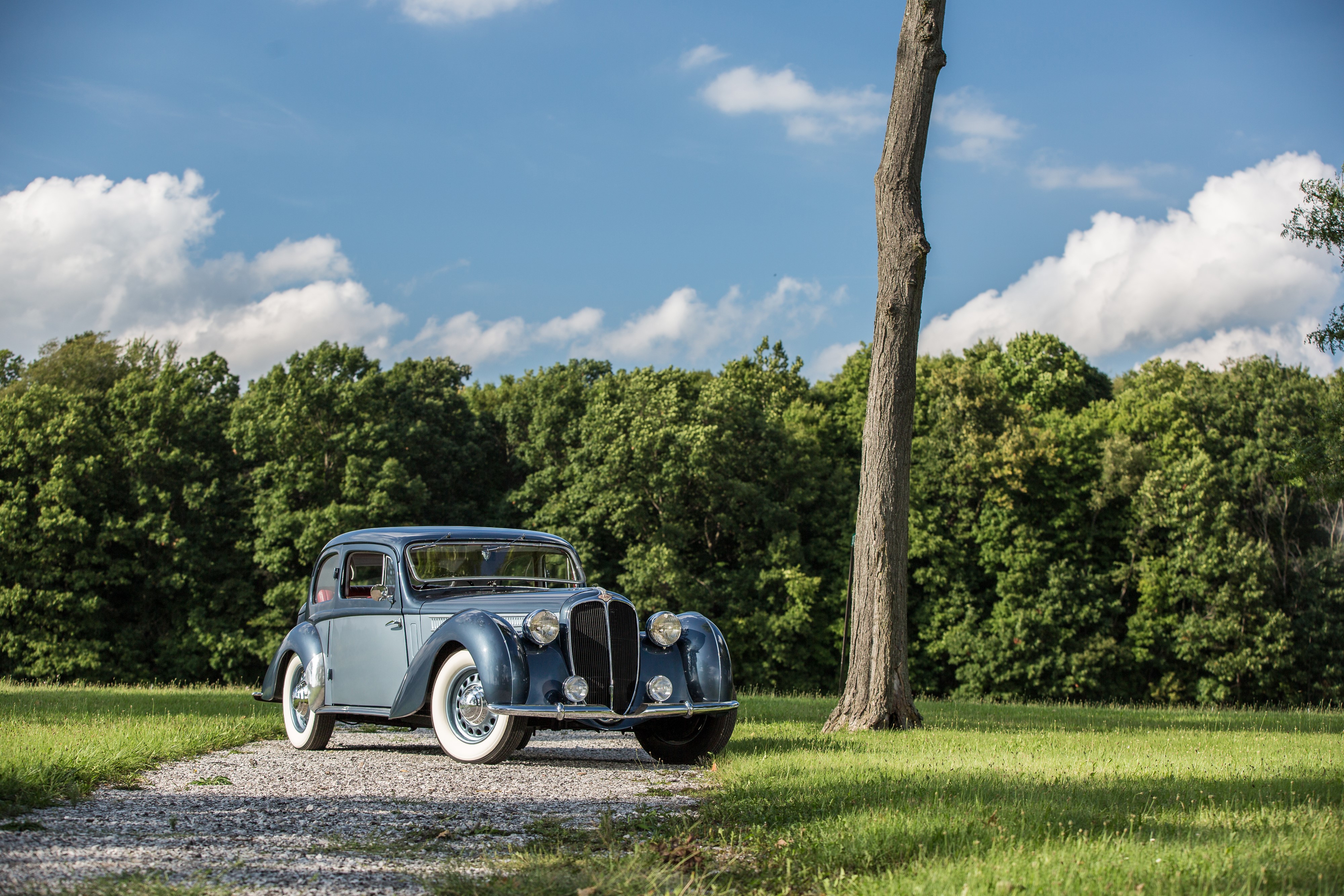 Retro blue car parked on gravel path HD Wallpaper