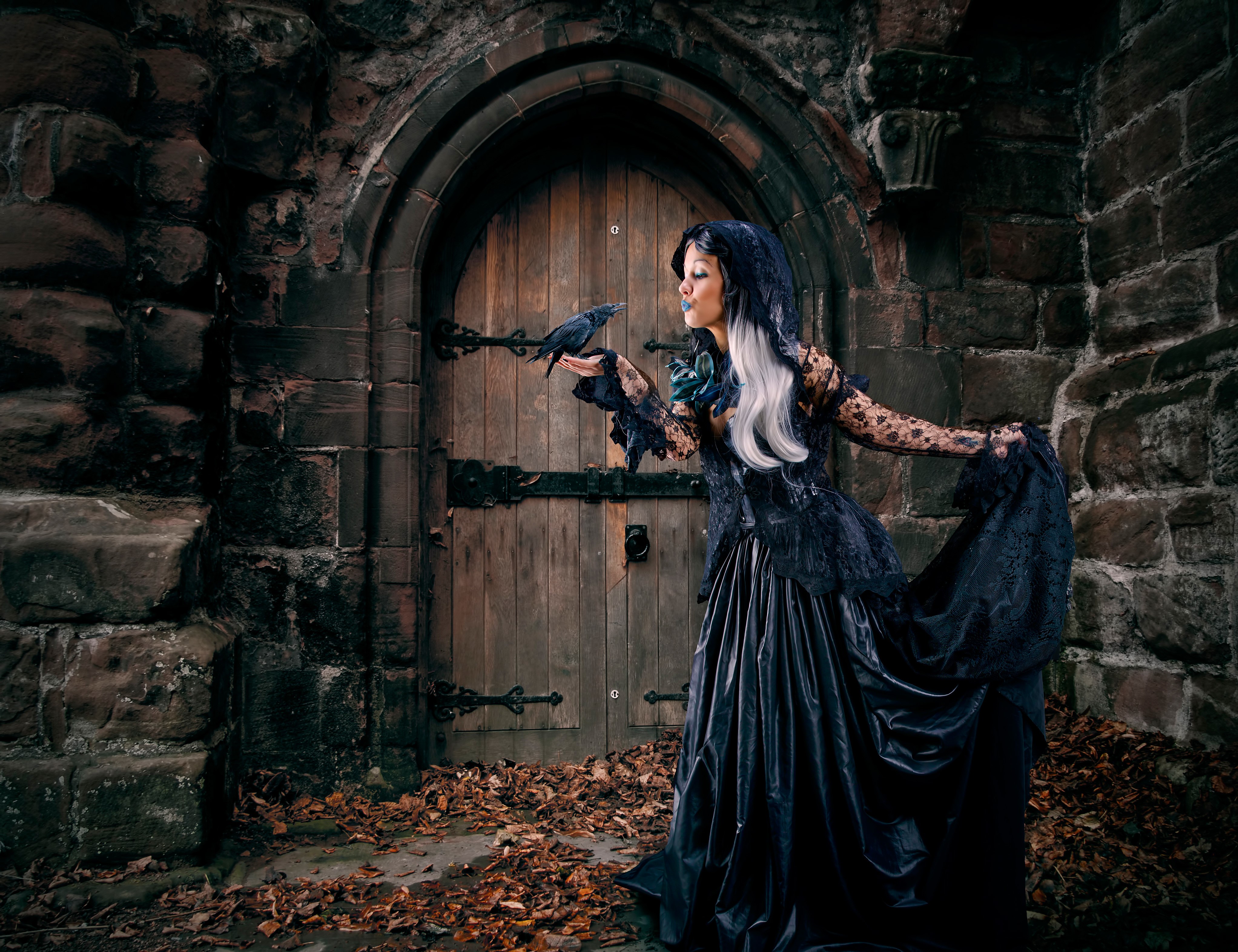 Gothic Fantasy Woman with Crow at Door HD Wallpaper