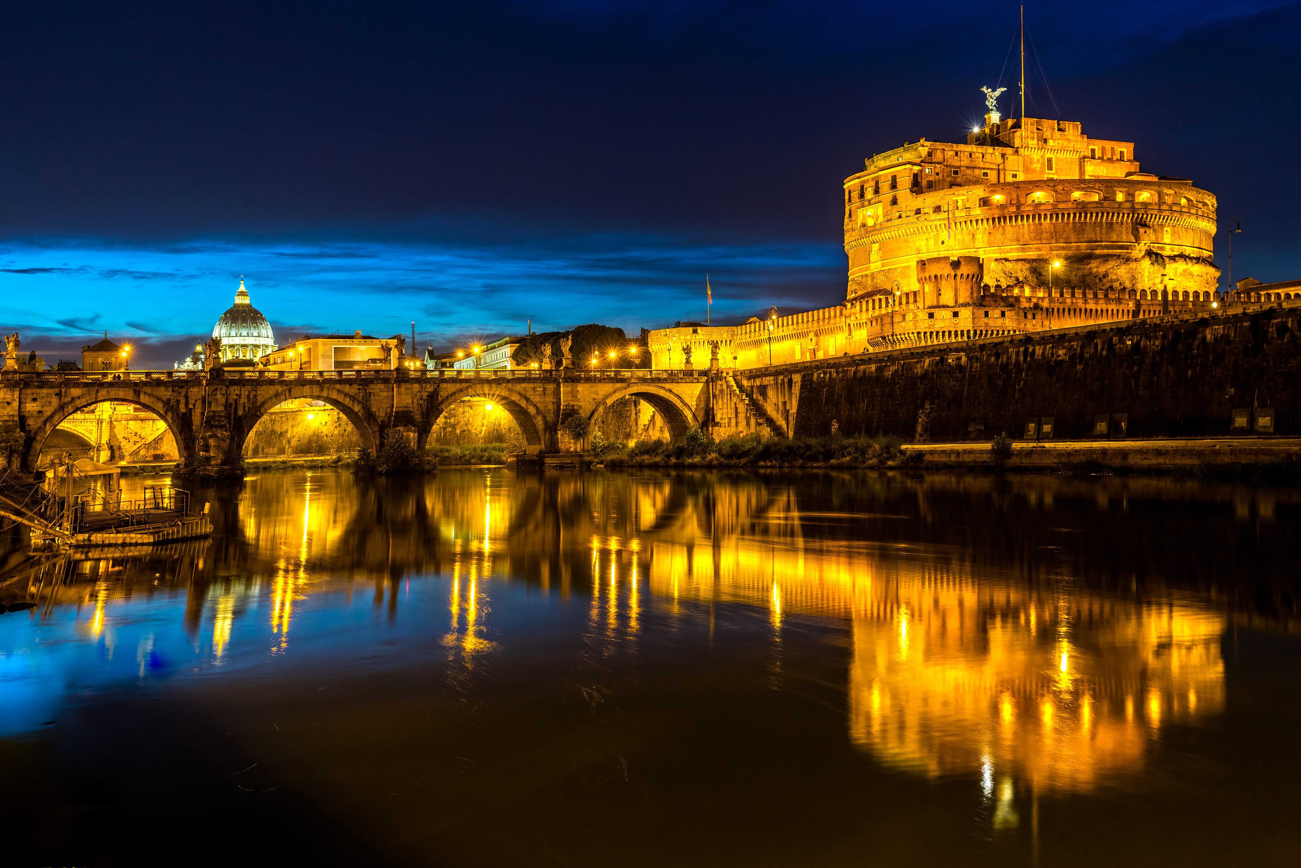 Castel Sant'Angelo and Ponte Sant'Angelo at Night in Rome HD Wallpaper