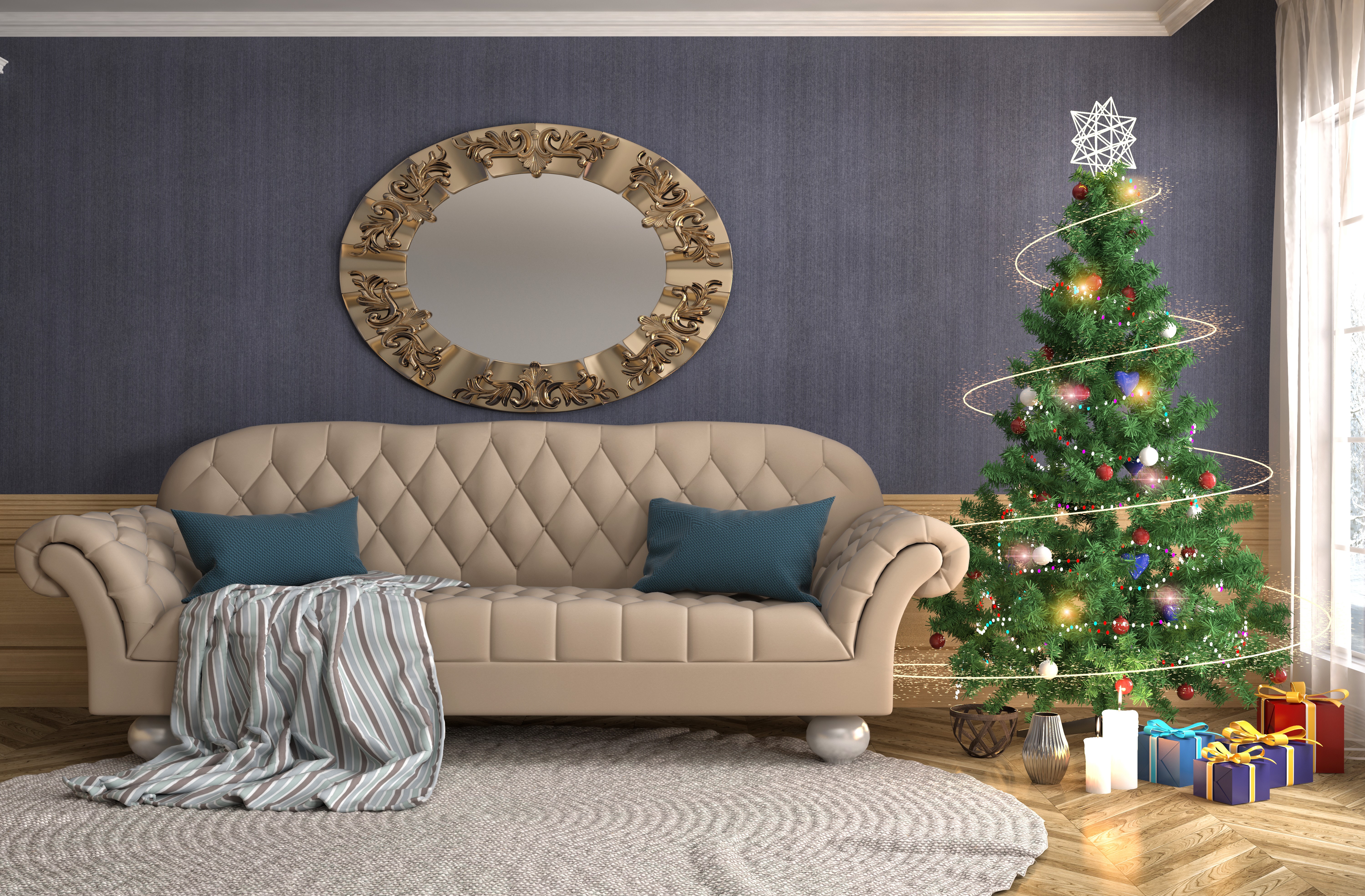 Christmas Tree and Sofa in Living Room HD Wallpaper