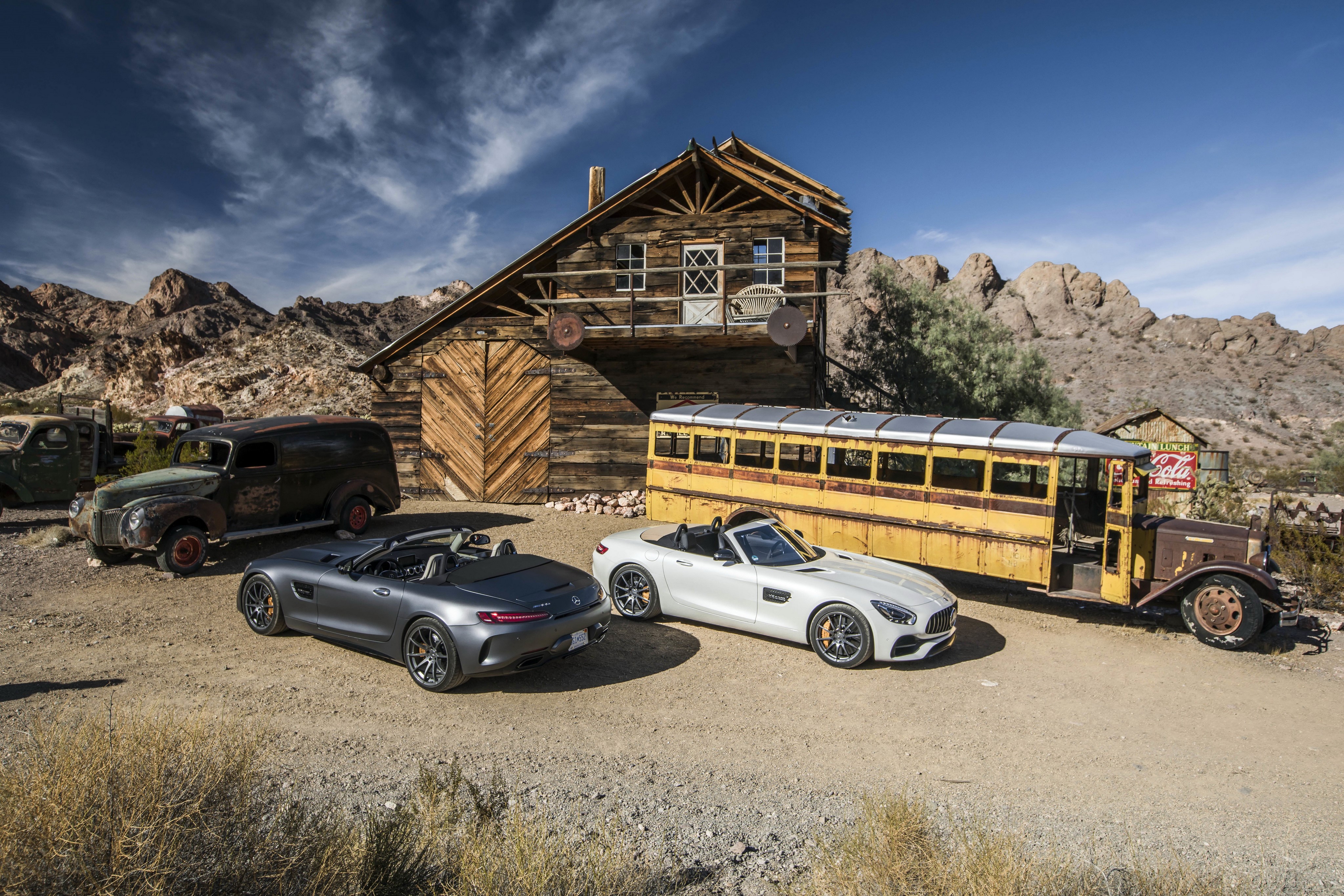 Two 2016 Mercedes-Benz AMG GT Roadsters in Ghost Town HD Wallpaper