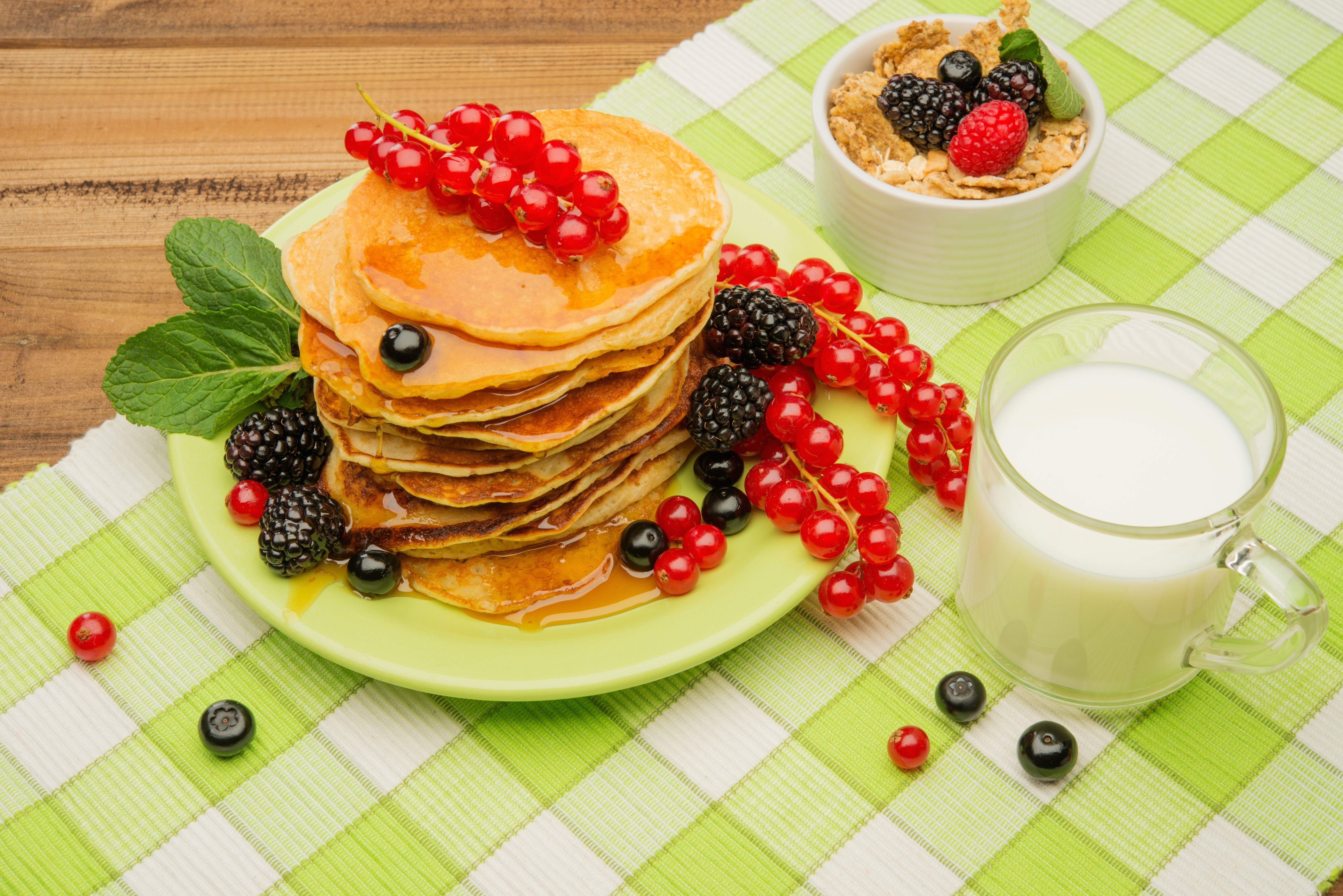 Pancakes with Berries and Milk HD Wallpaper