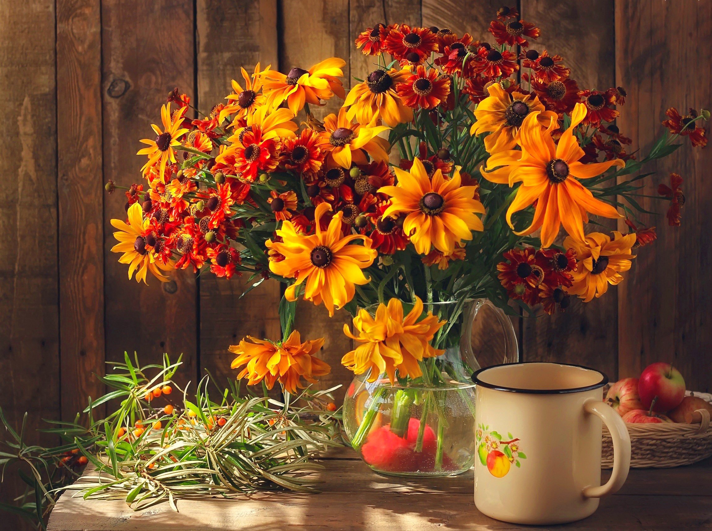 Still-life with bouquet of flowers and mug HD Wallpaper