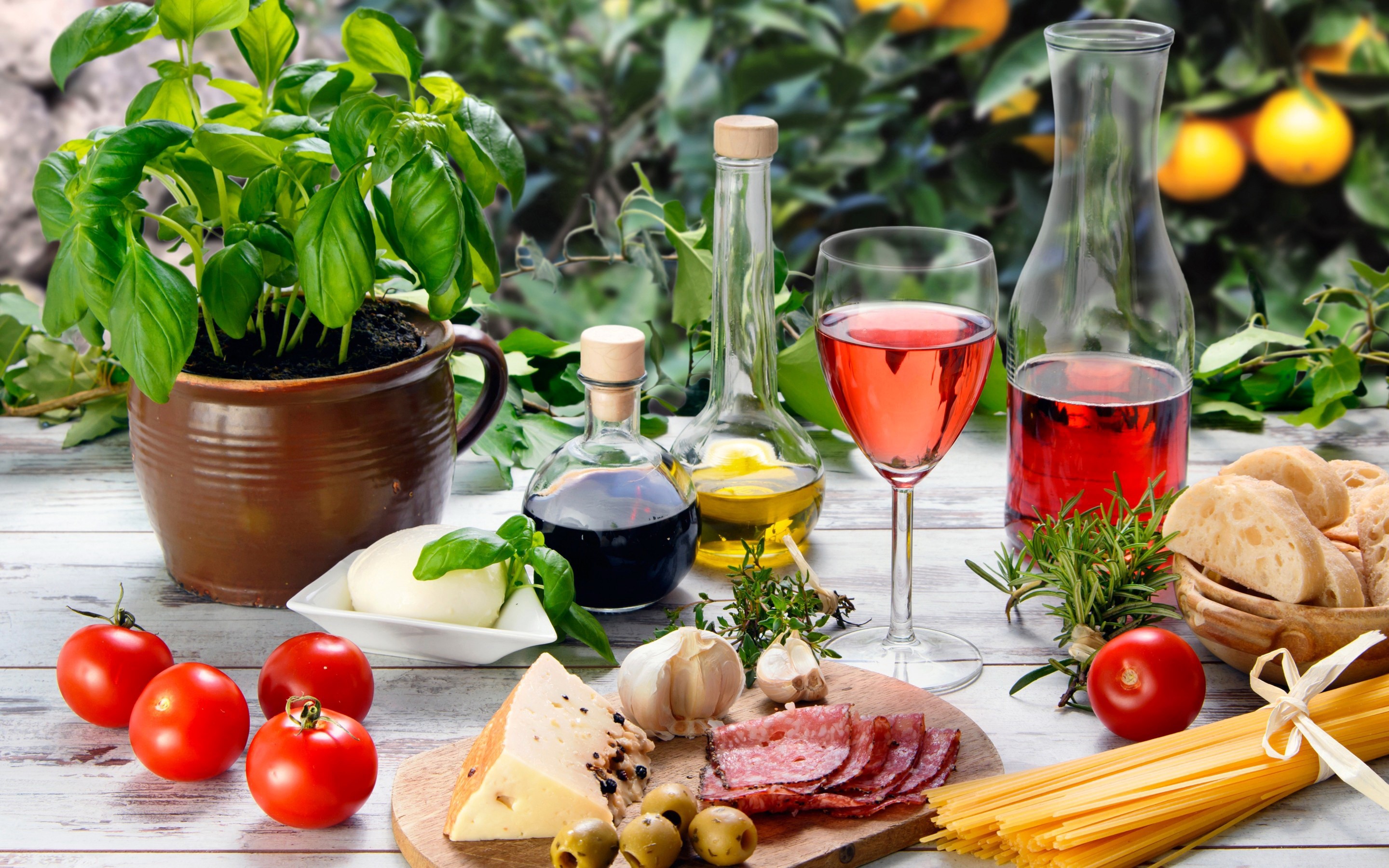 Italian Still Life with Wine, Cheese, and Pasta Ingredients HD Wallpaper