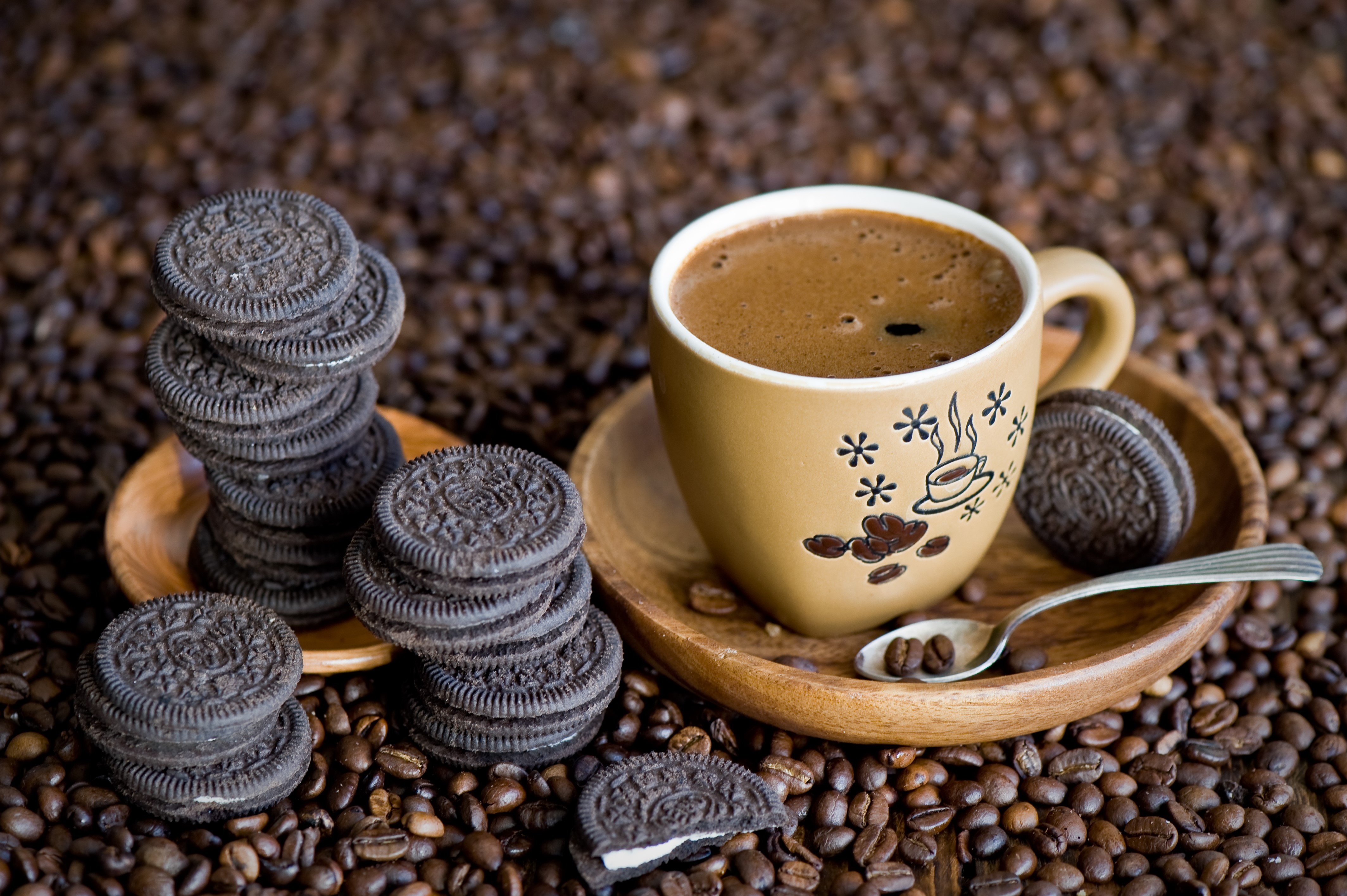 Coffee cup with cookies and spoon on coffee beans HD Wallpaper