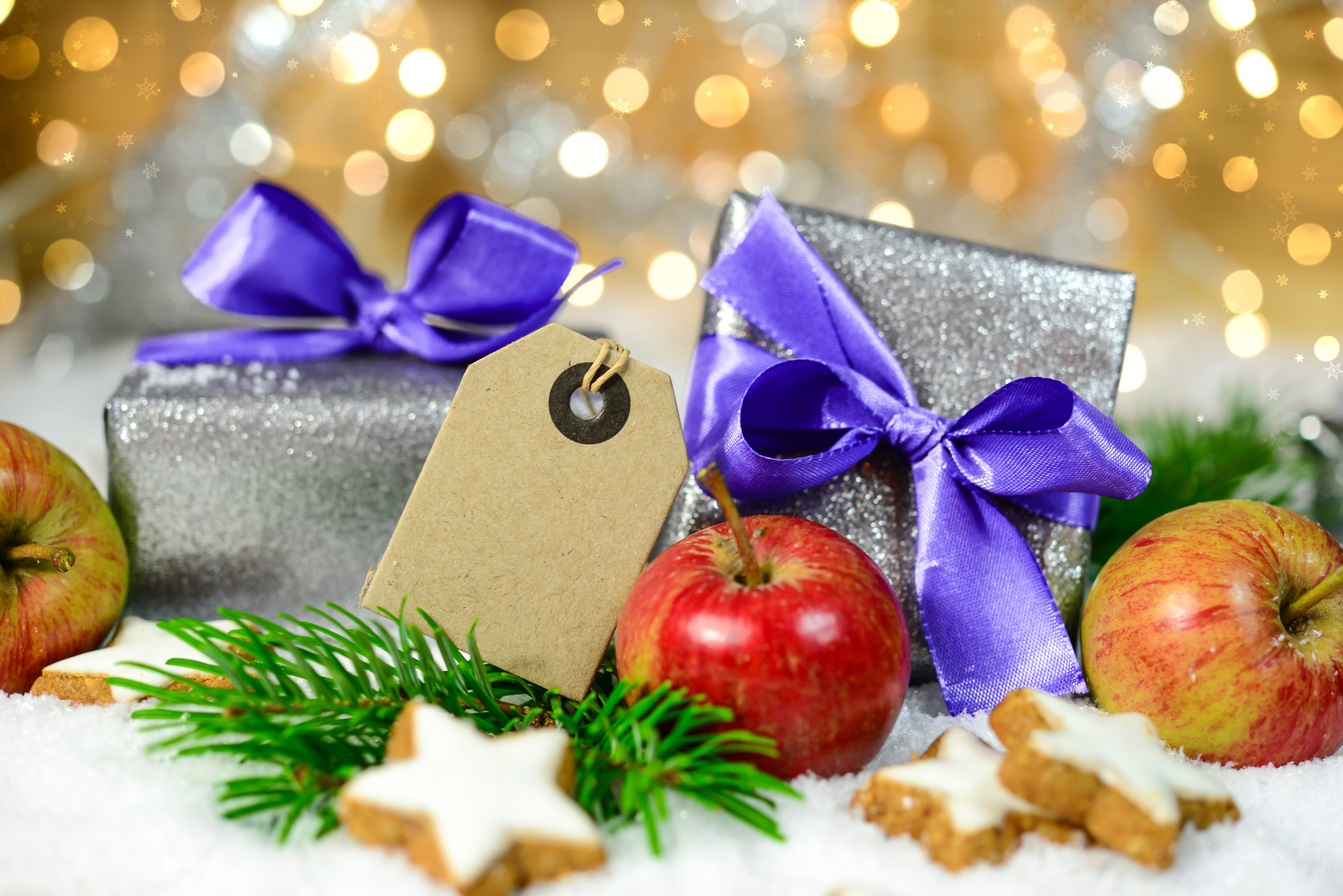 Christmas Gifts with Apples and Star Cookies HD Wallpaper