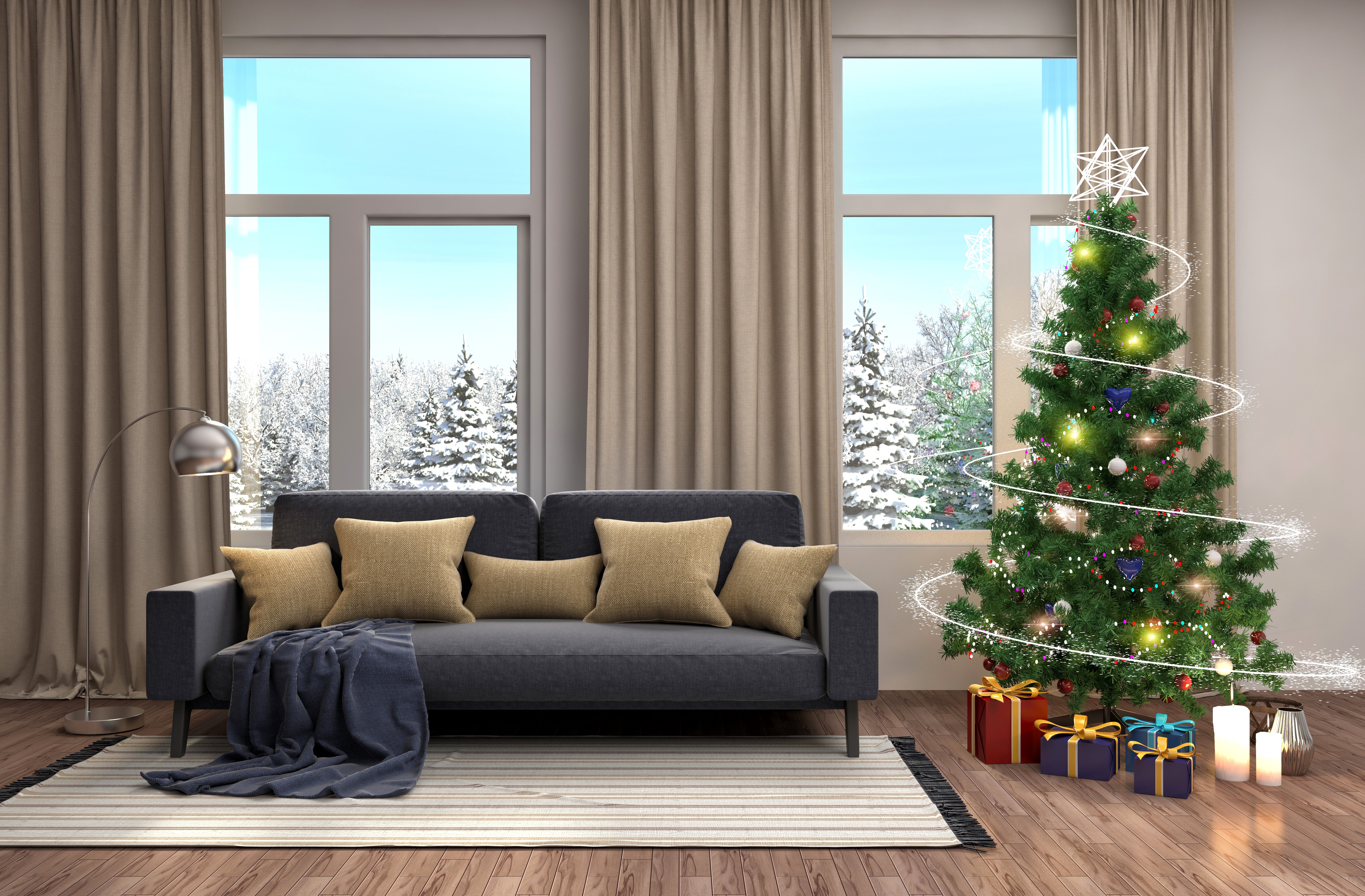 Christmas interior with sofa and tree HD Wallpaper