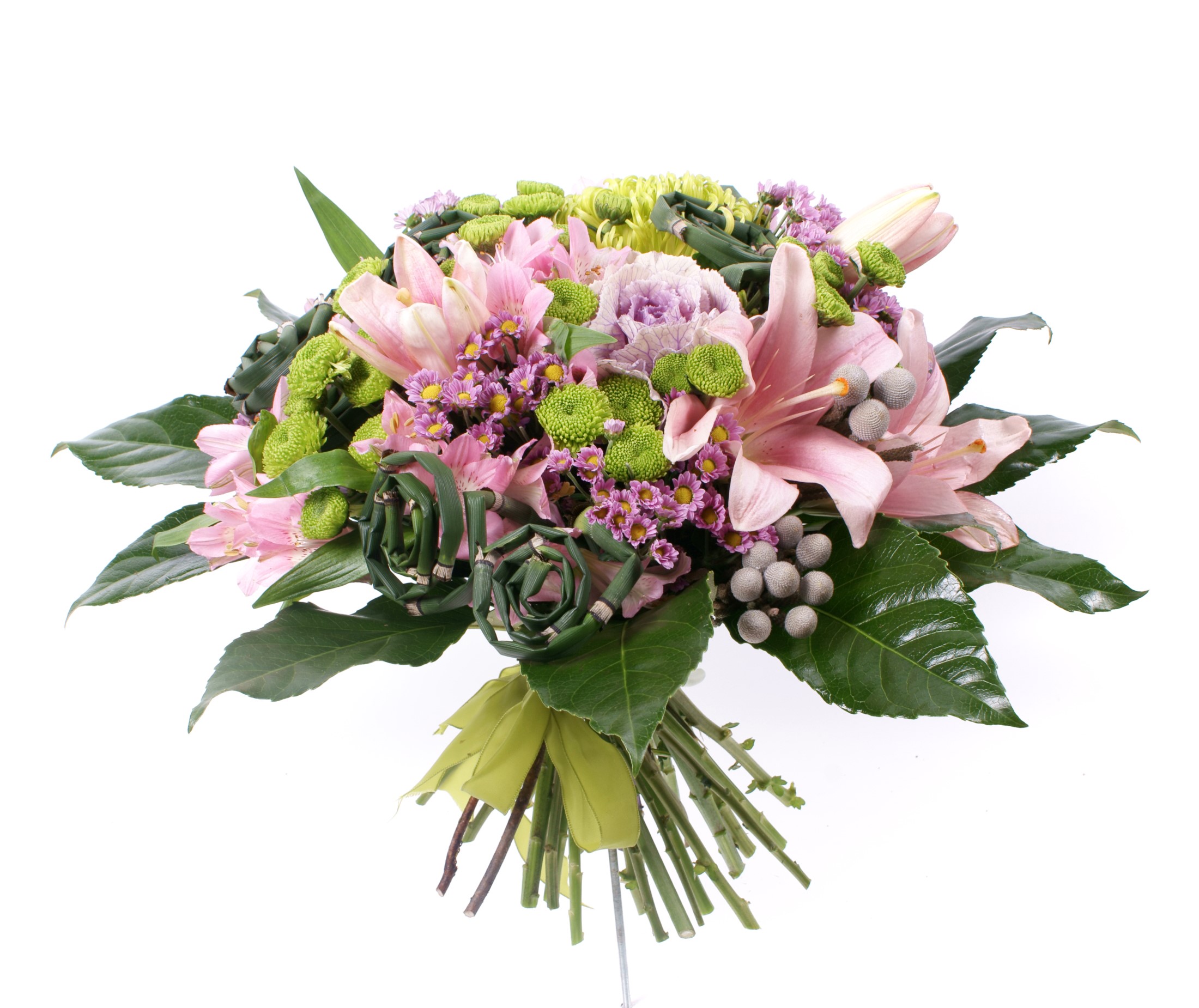 Pink lilies and alstroemeria bouquet with green chrysanthemums HD Wallpaper