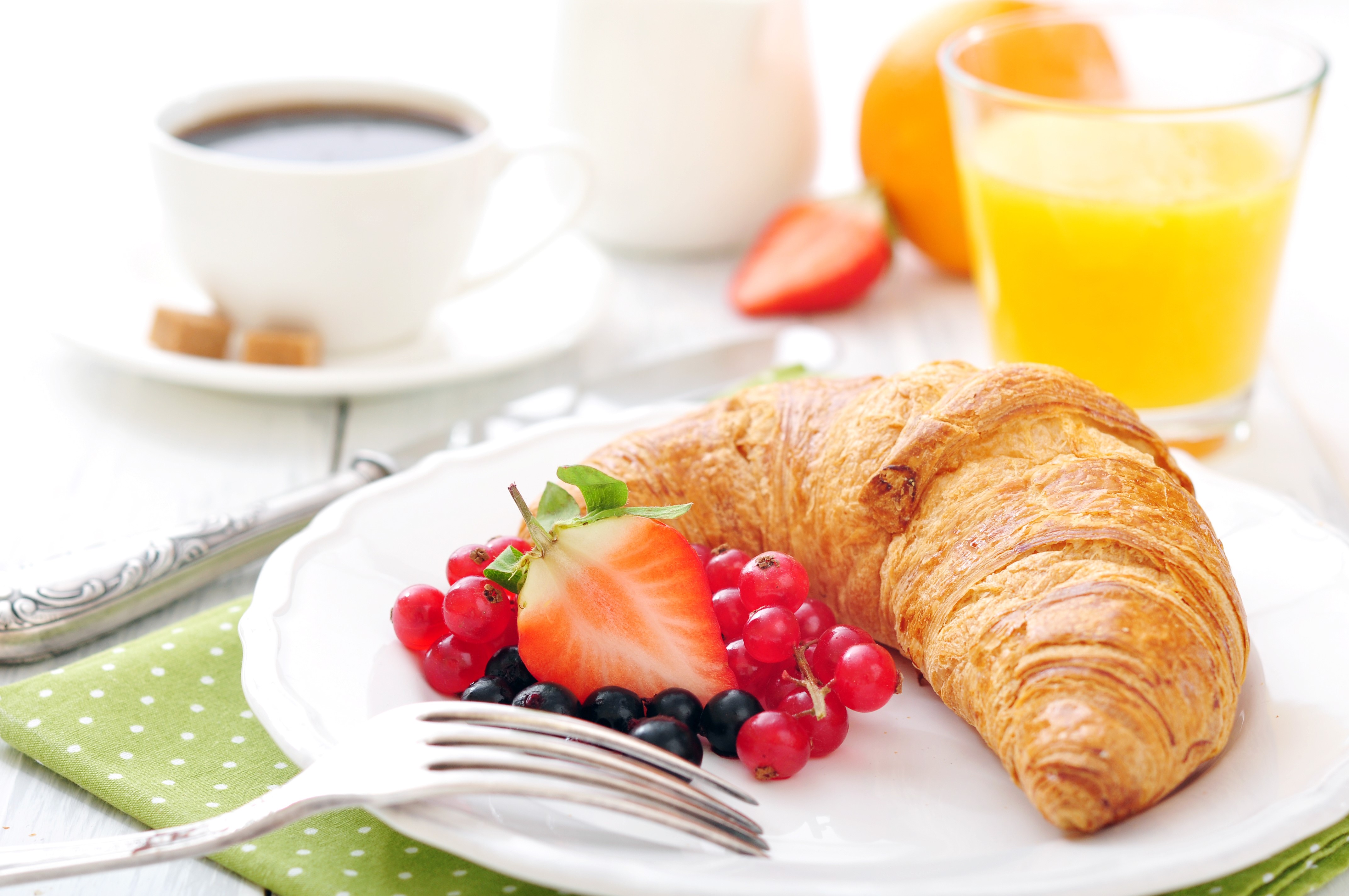 Croissant with berries, coffee, and orange juice HD Wallpaper
