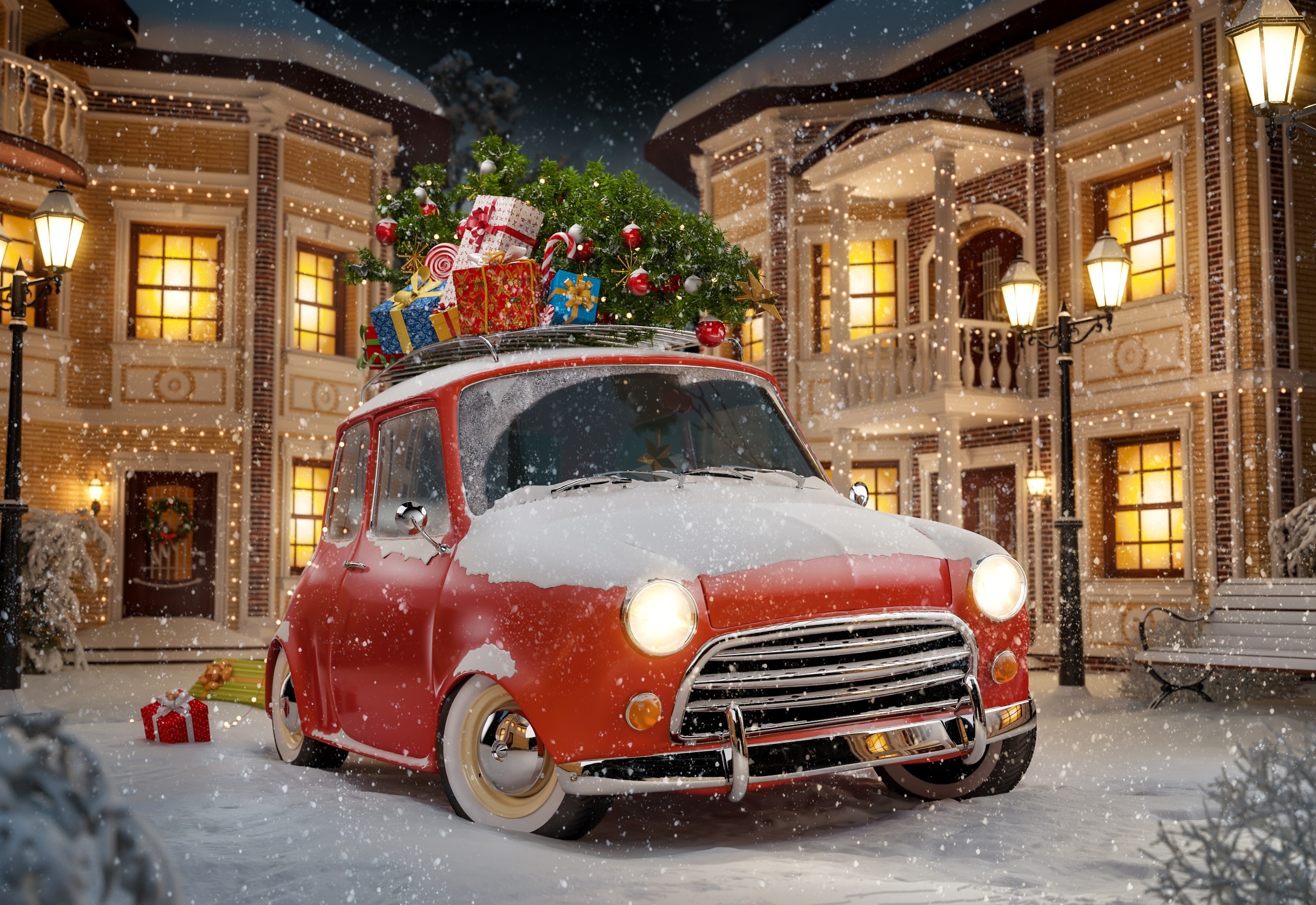 Red car with Christmas tree and gifts on snowy street HD Wallpaper
