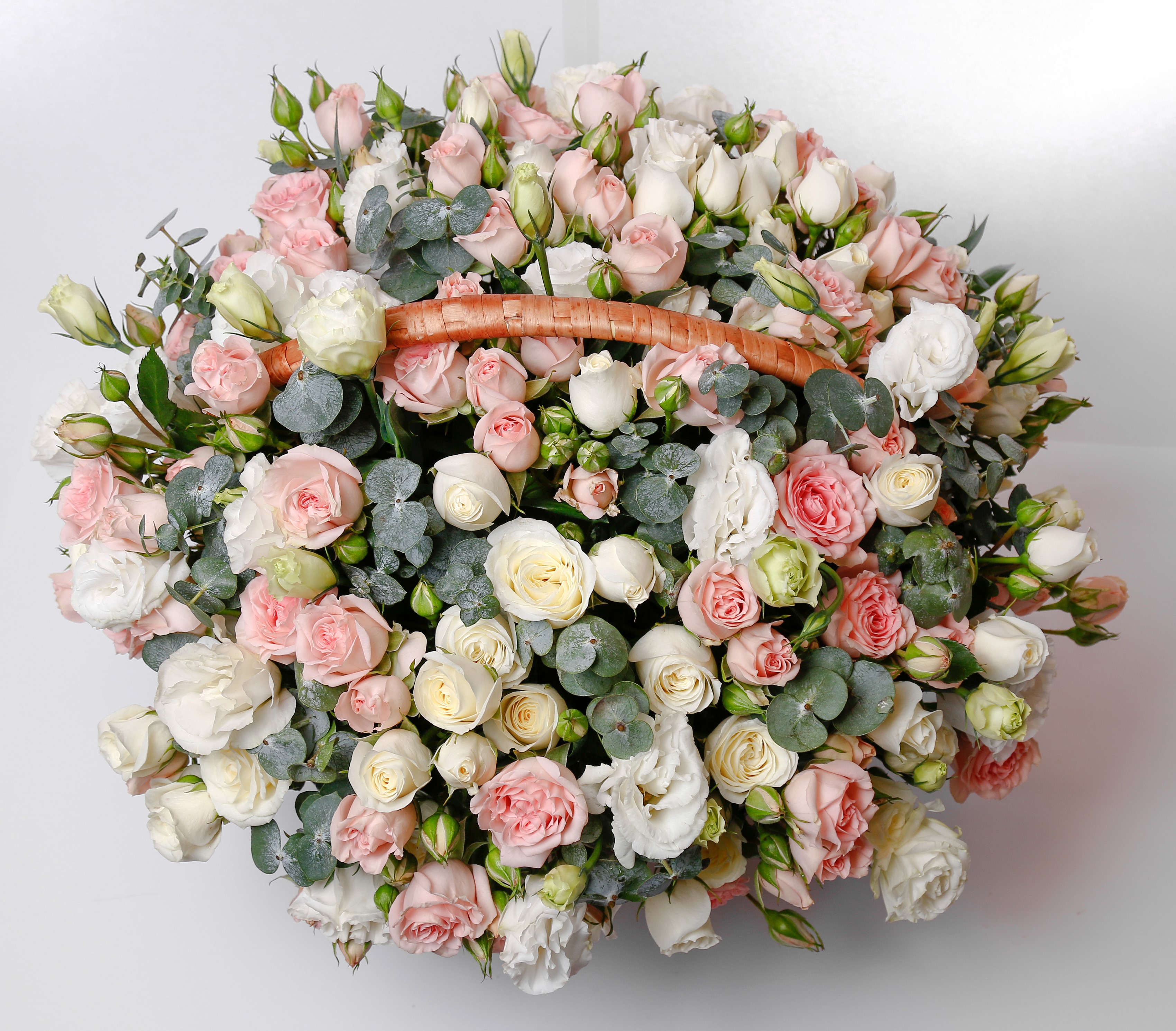 Basket of Pink and White Roses and Eustoma HD Wallpaper