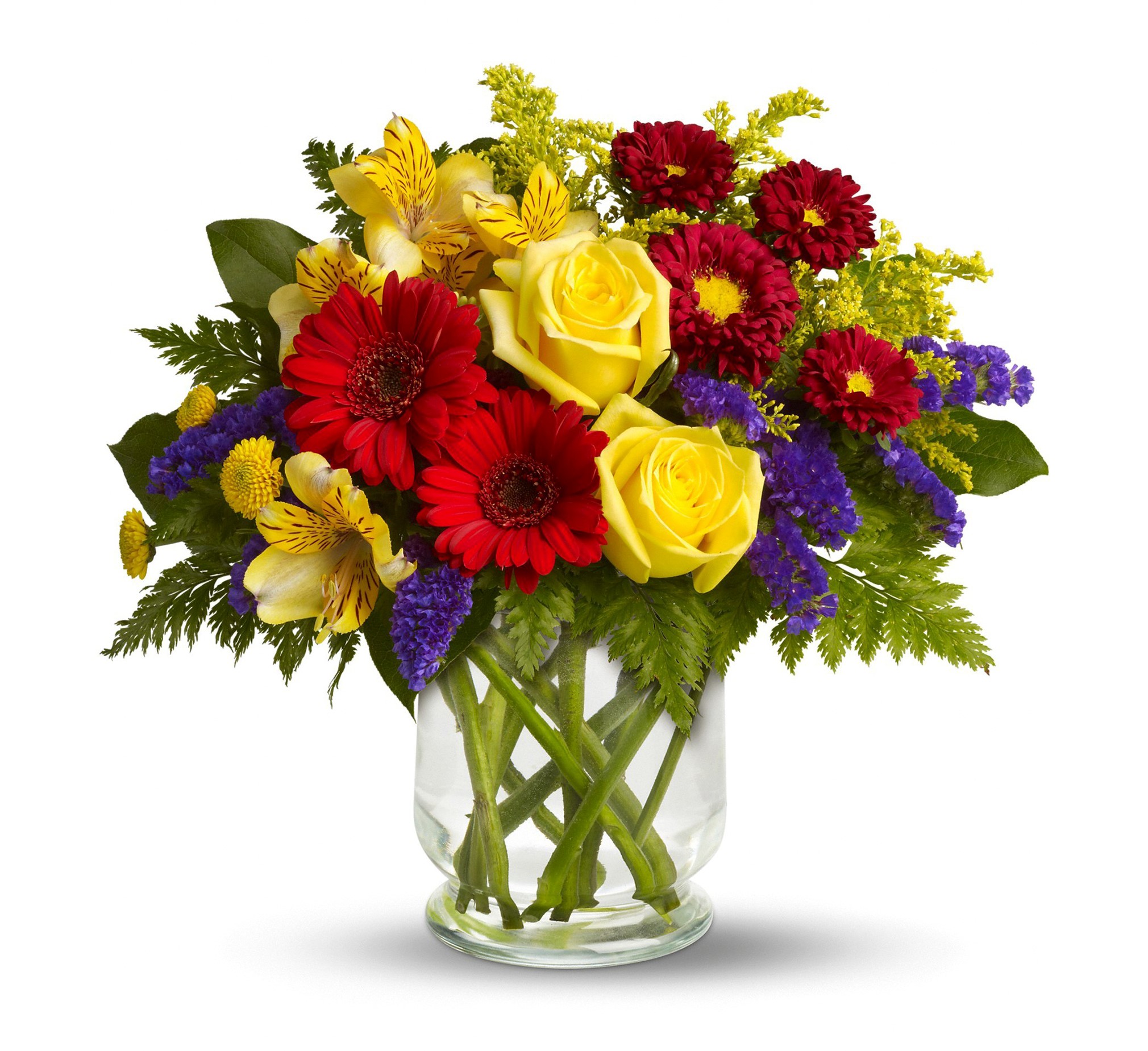 Red, yellow, and purple flower bouquet in a glass vase HD Wallpaper