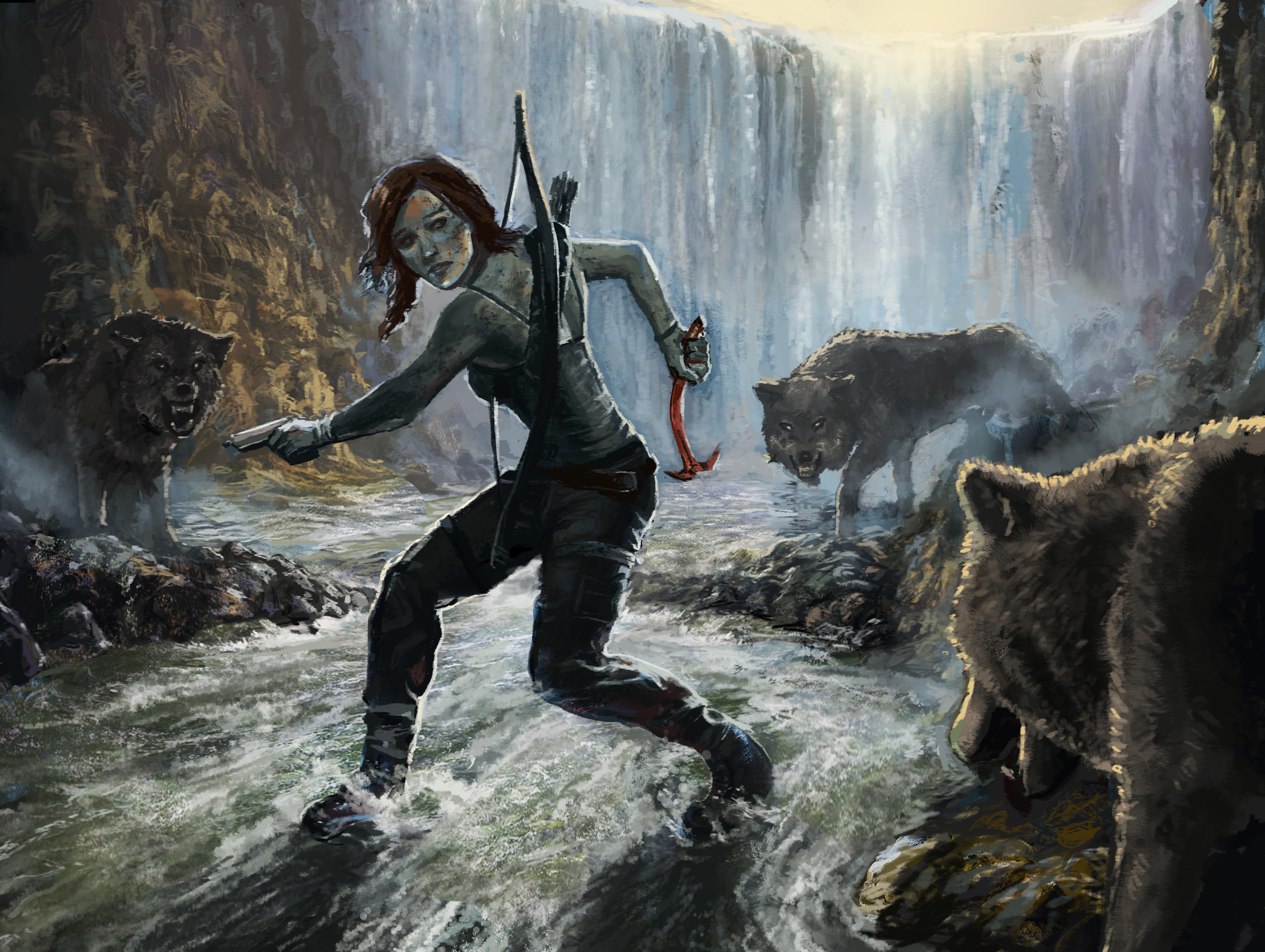Lara Croft fighting wolves near a waterfall HD Wallpaper