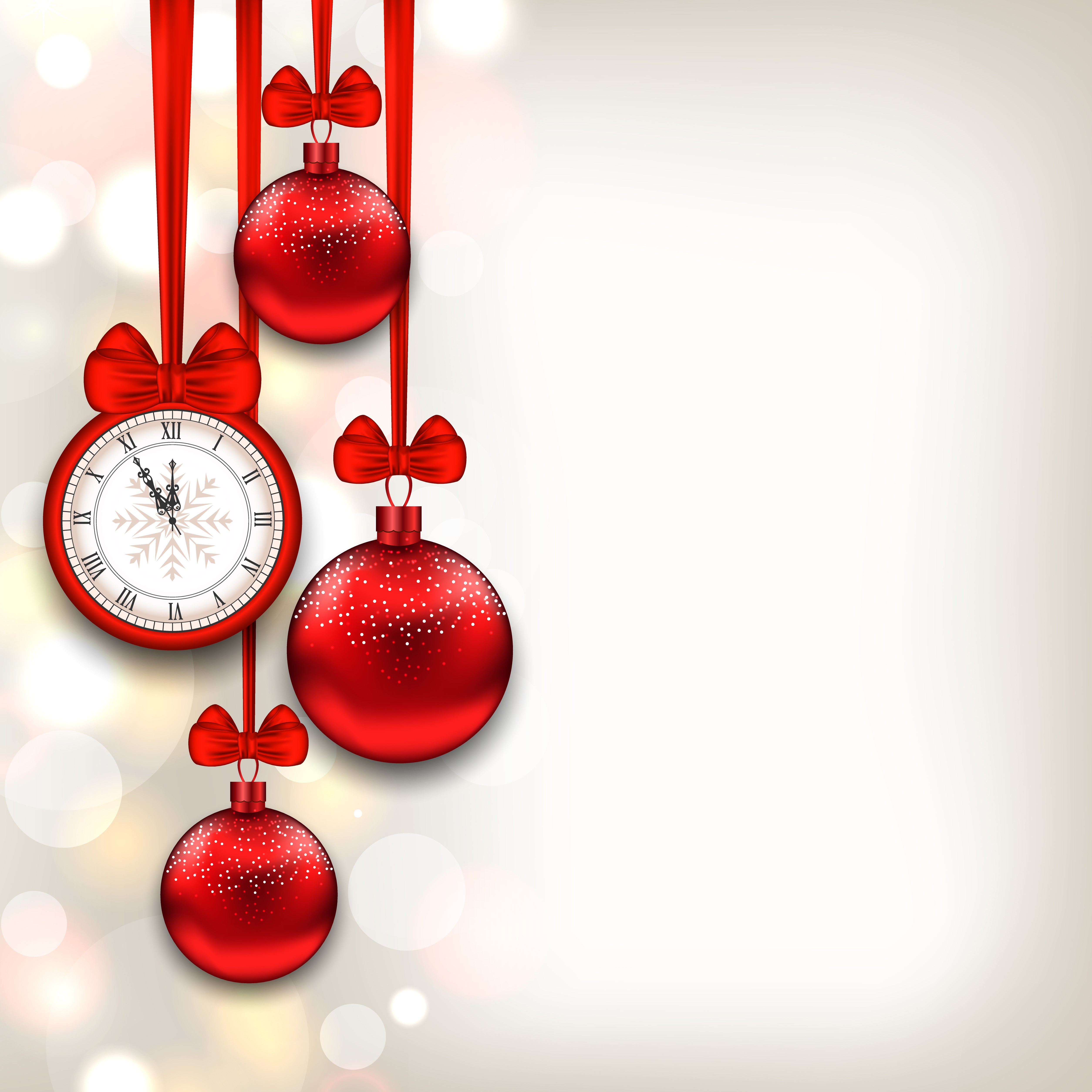 Christmas Ornaments and Clock with Bows HD Wallpaper