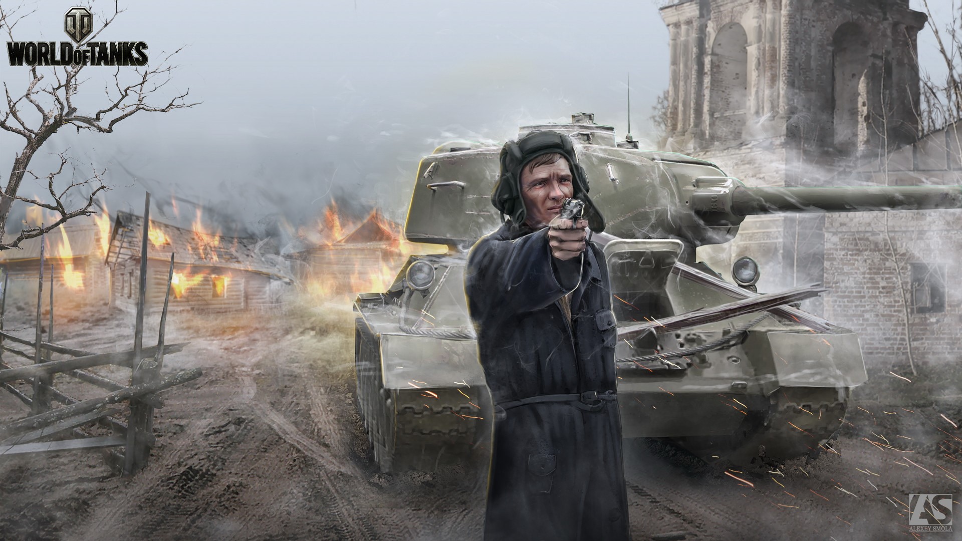 Soldier with pistol and T-34 tank in burning village HD Wallpaper