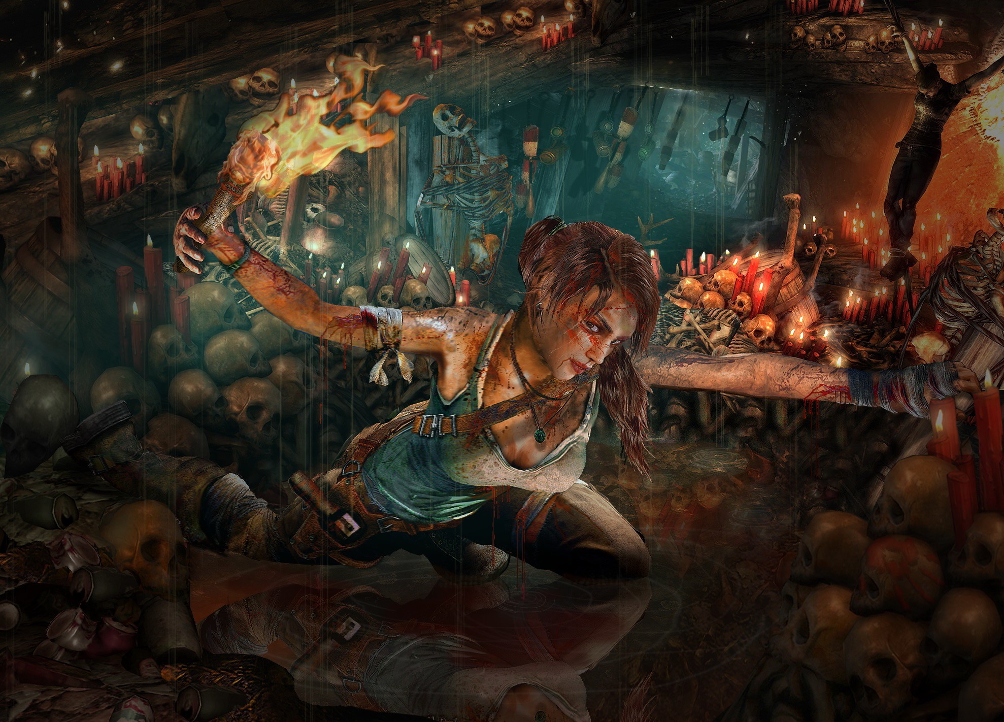 Lara Croft from Tomb Raider 2013 holding a torch in a cave with skulls HD Wallpaper