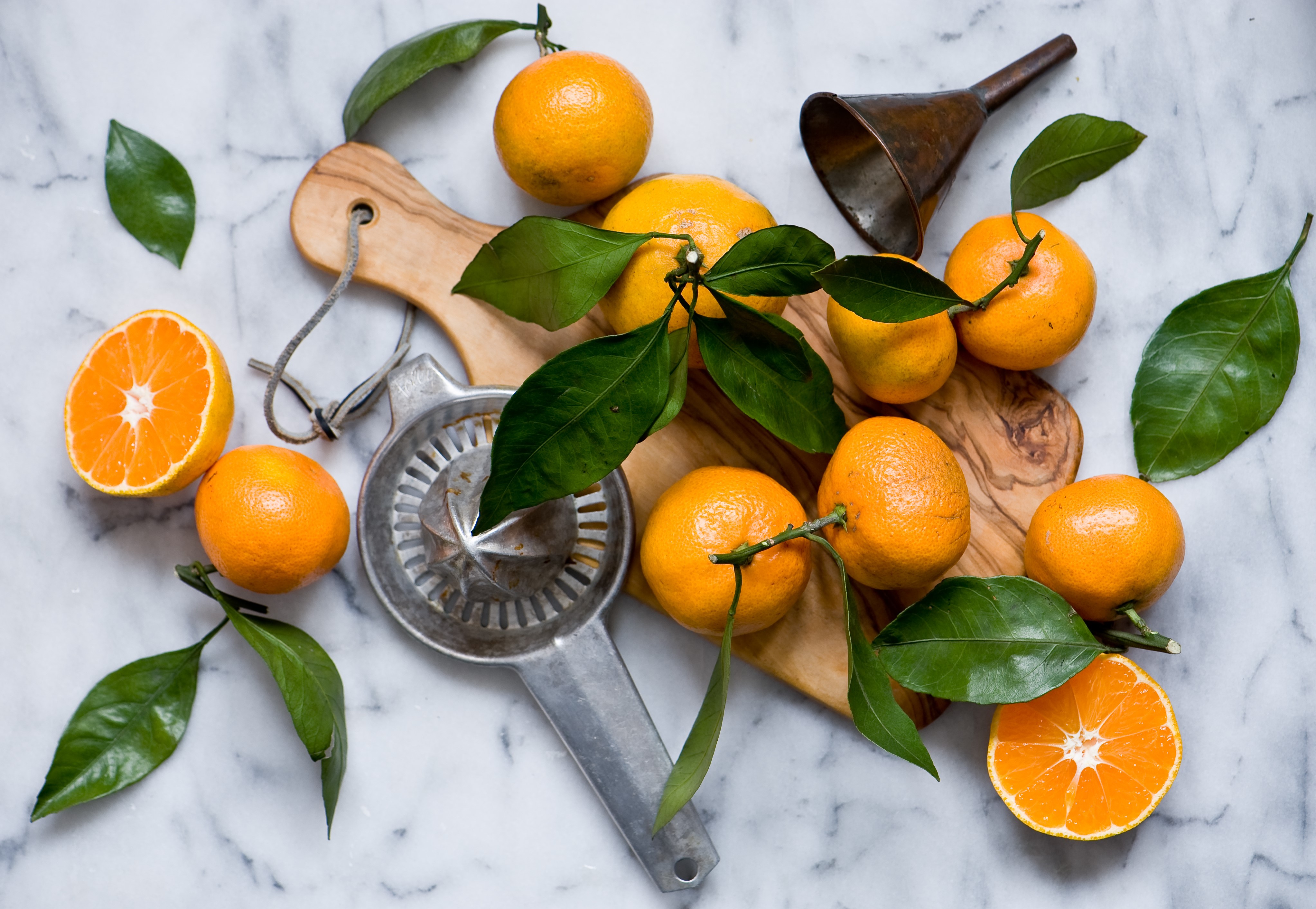 Citrus fruits with leaves and juicer HD Wallpaper