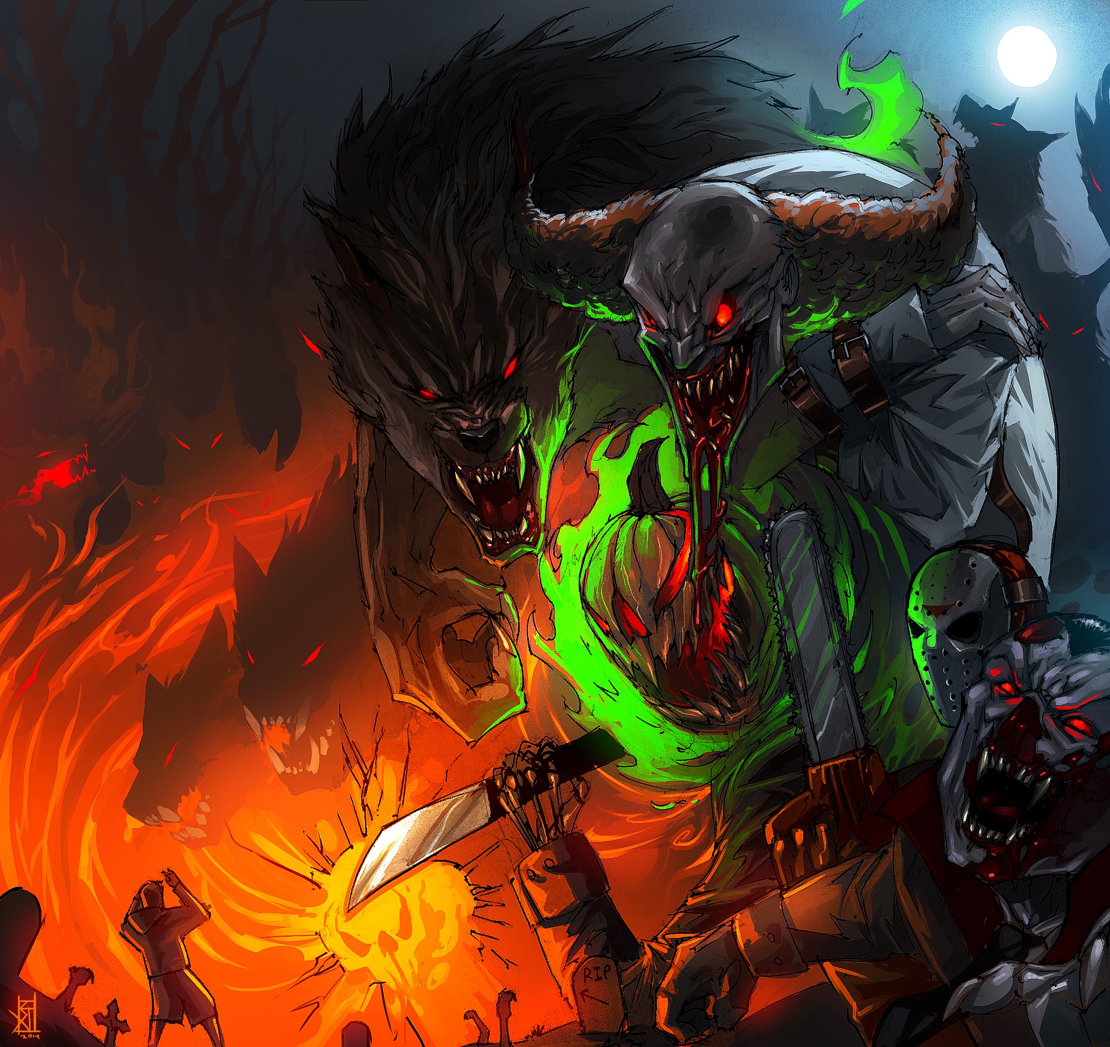 Monsters and zombies on Halloween night HD Wallpaper