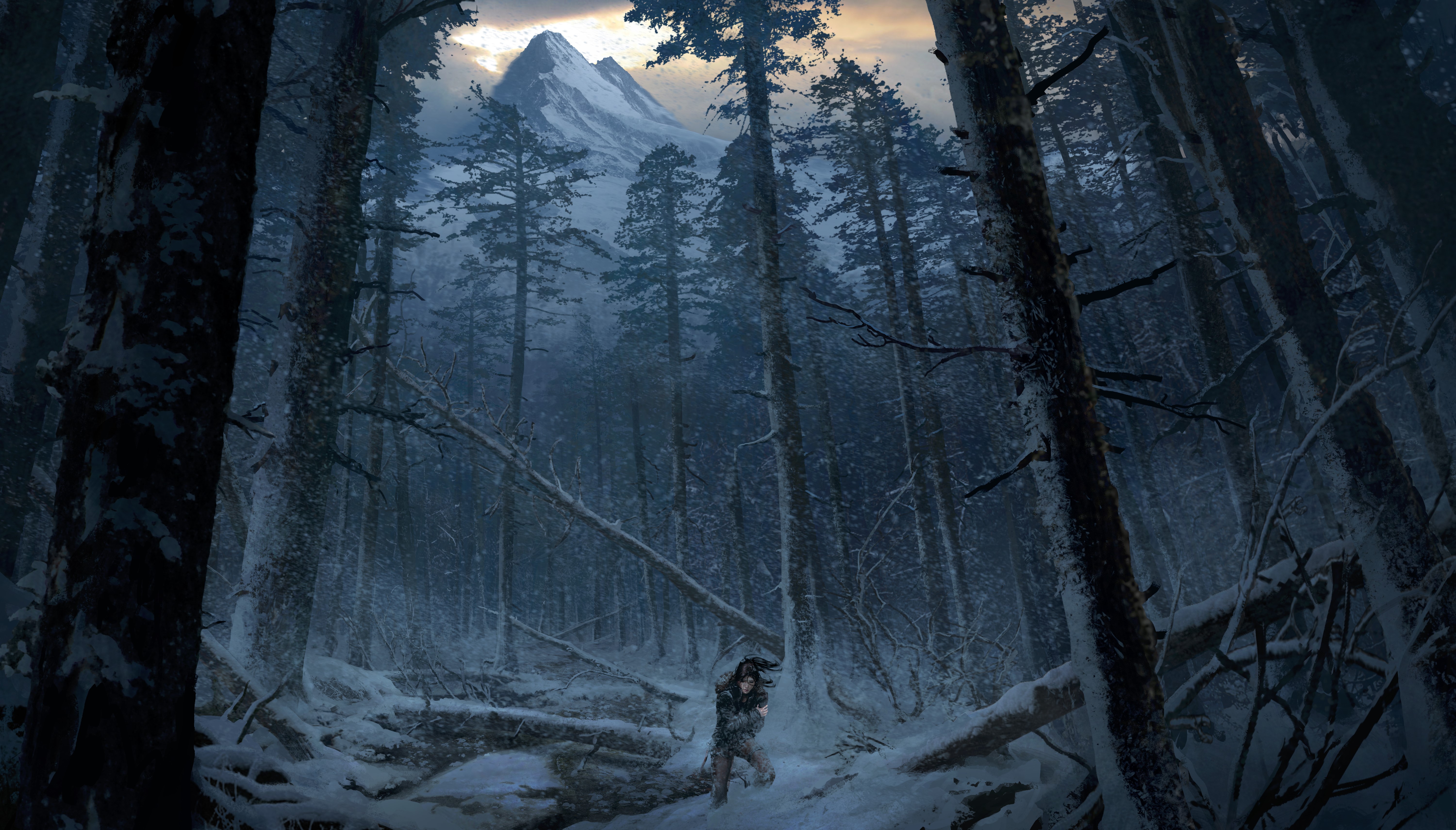 Lara Croft in a snowy forest with mountains HD Wallpaper